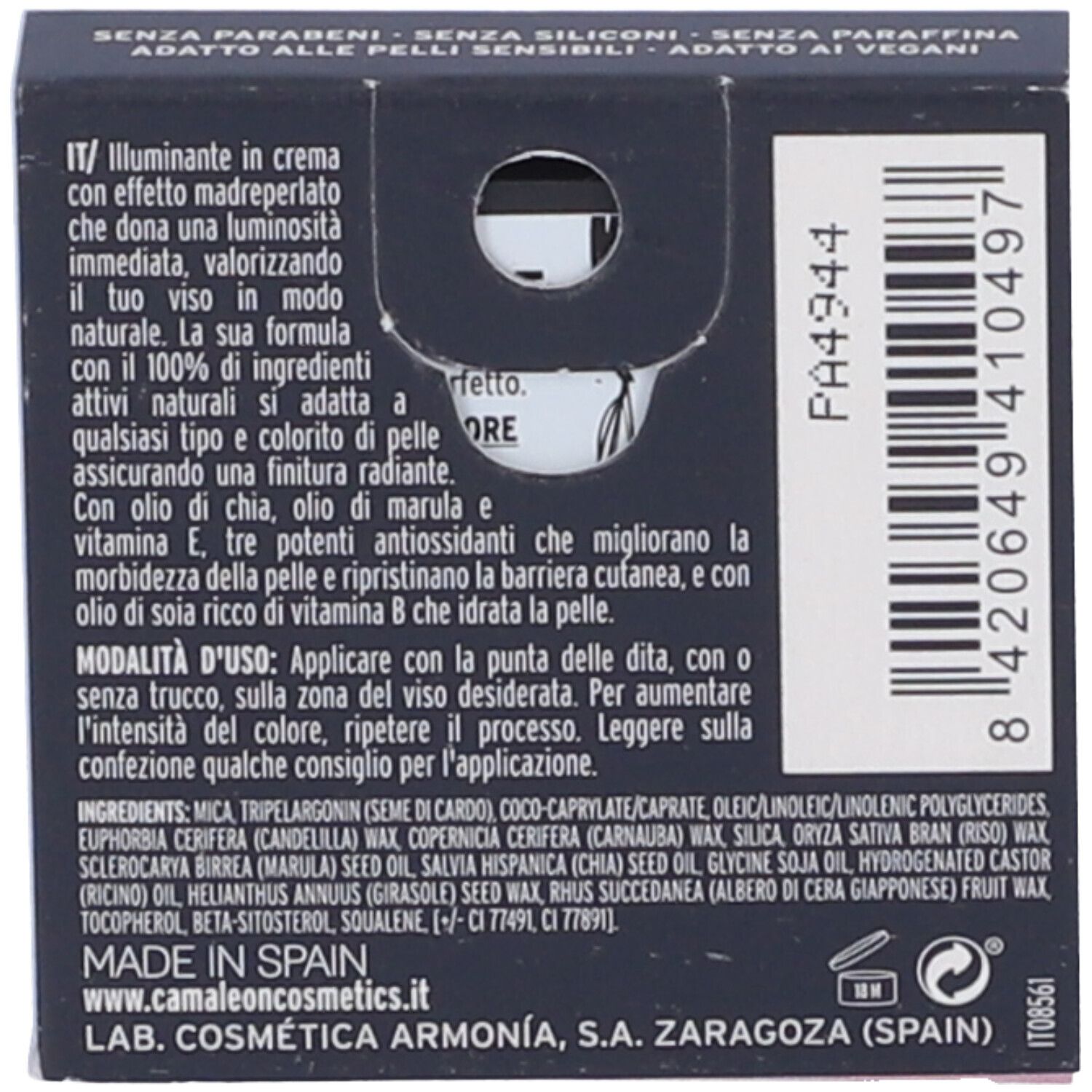 Confezione nera con testo e codice a barre. Contiene ingredienti e istruzioni per l'uso.