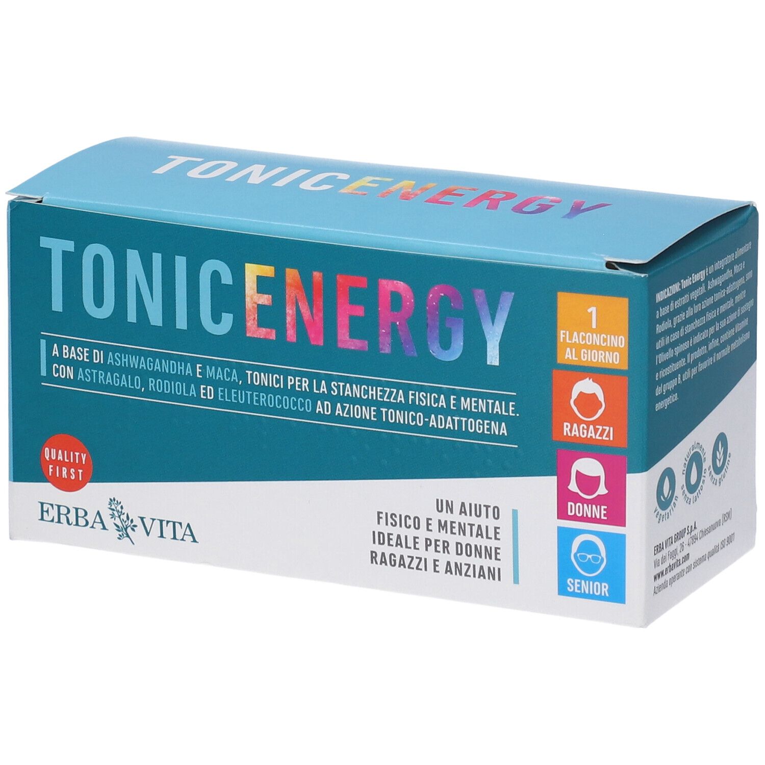 Scatola Erba Vita Tonic Energy. 1 flaconcino al giorno. Per donne e anziani. Testo e logo. Colore blu.