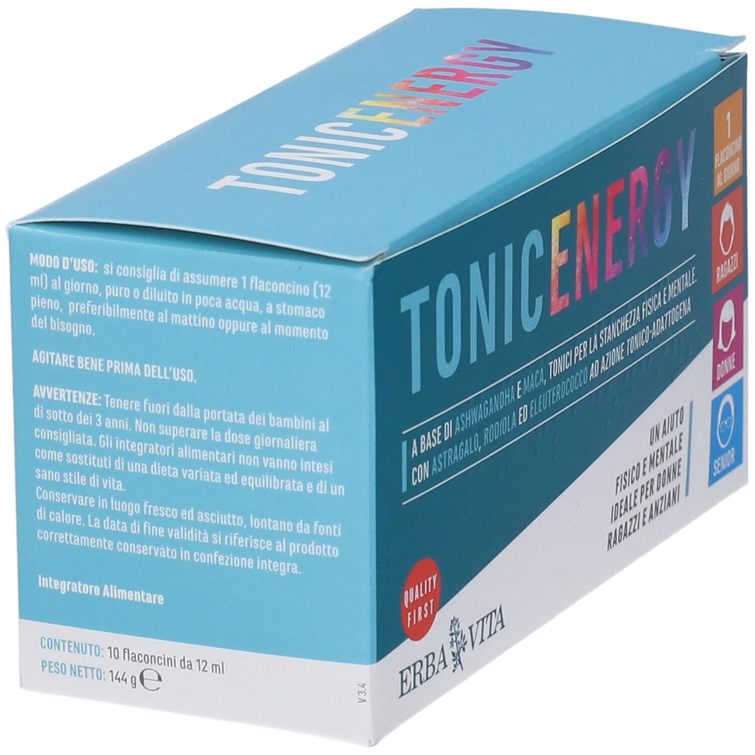 Scatola Erba Vita Tonic Energy. 1 flaconcino al giorno. Per donne e anziani. Testo e logo. Colore blu.
