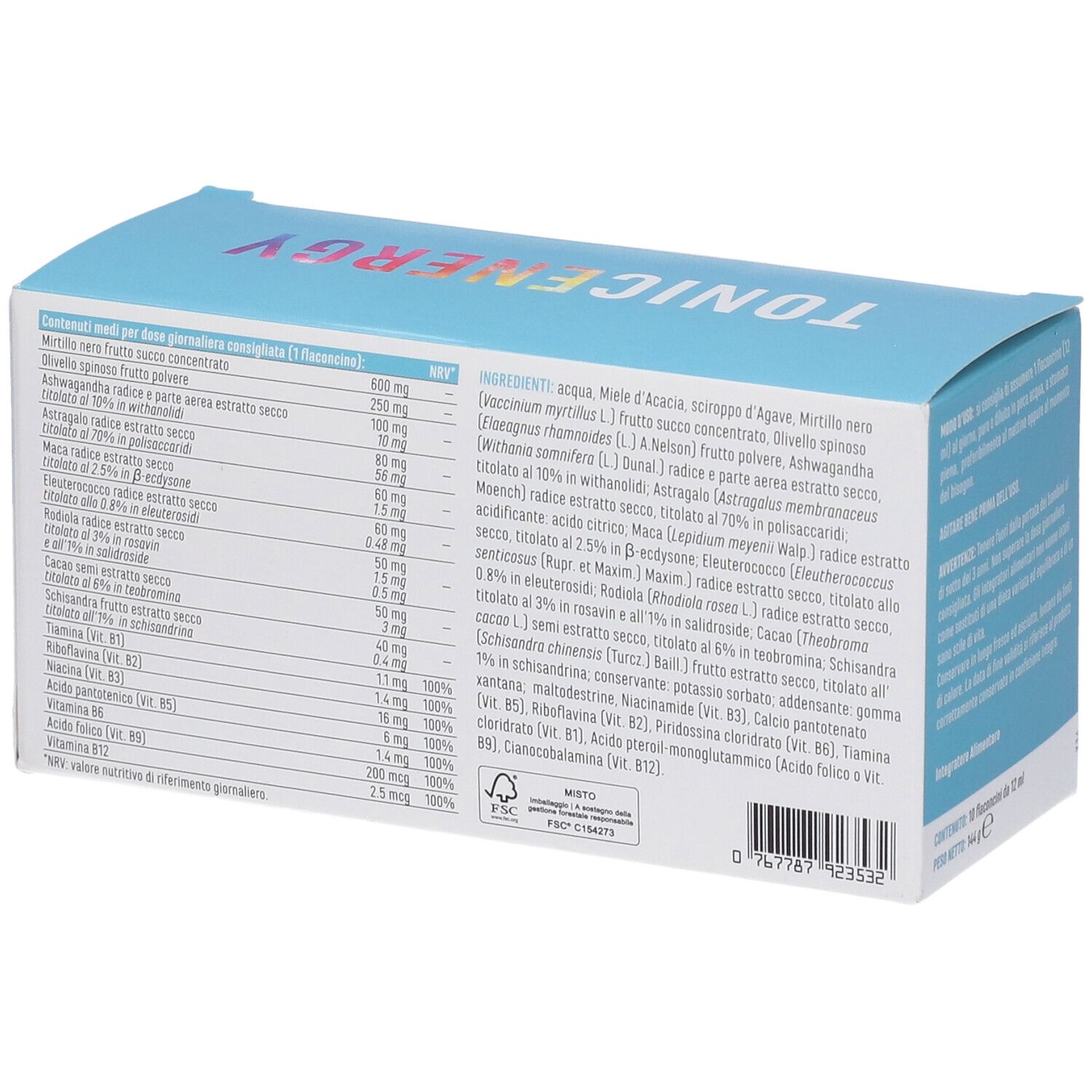Scatola Erba Vita Tonic Energy. 1 flaconcino al giorno. Per donne e anziani. Testo e logo. Colore blu.