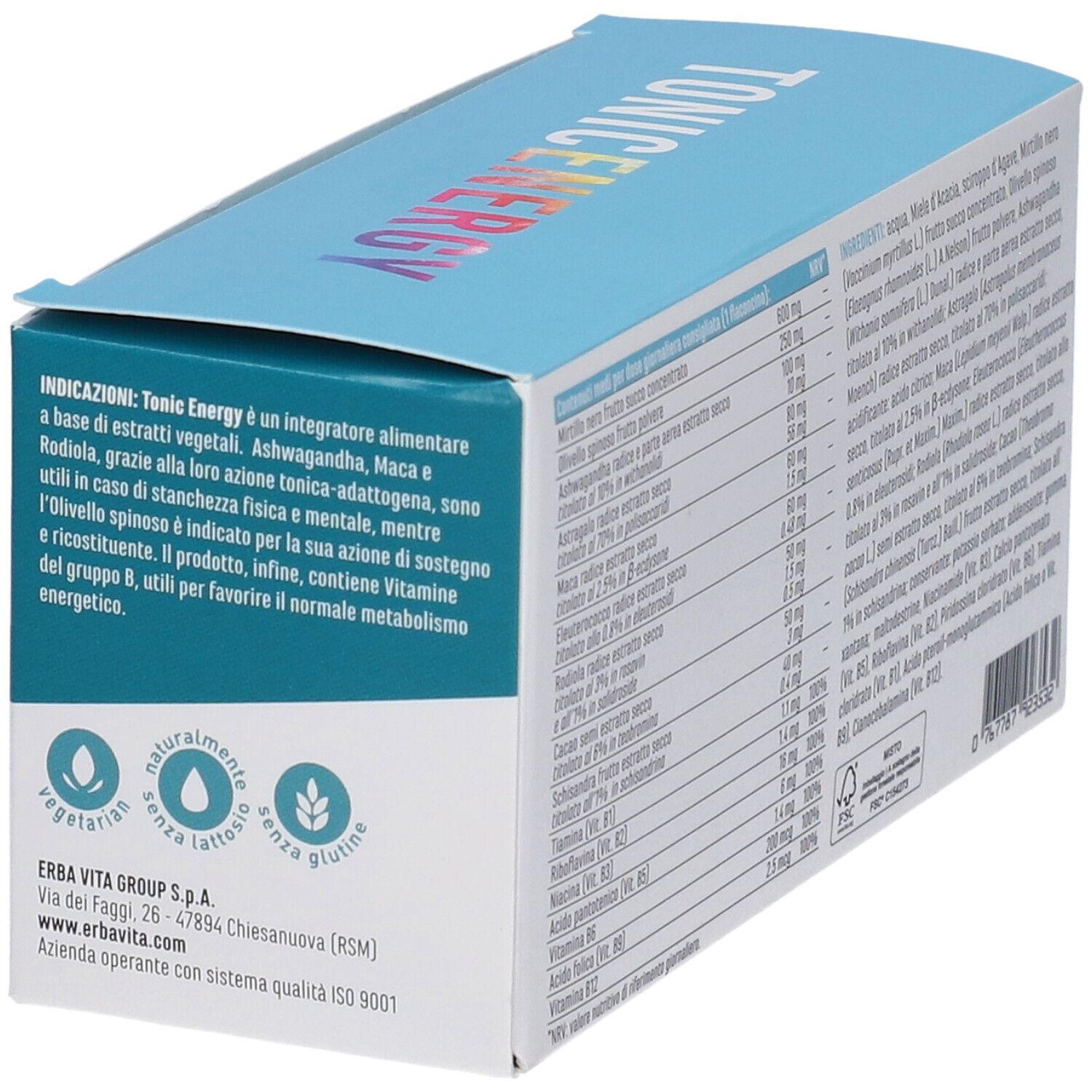 Scatola Erba Vita Tonic Energy. 1 flaconcino al giorno. Per donne e anziani. Testo e logo. Colore blu.