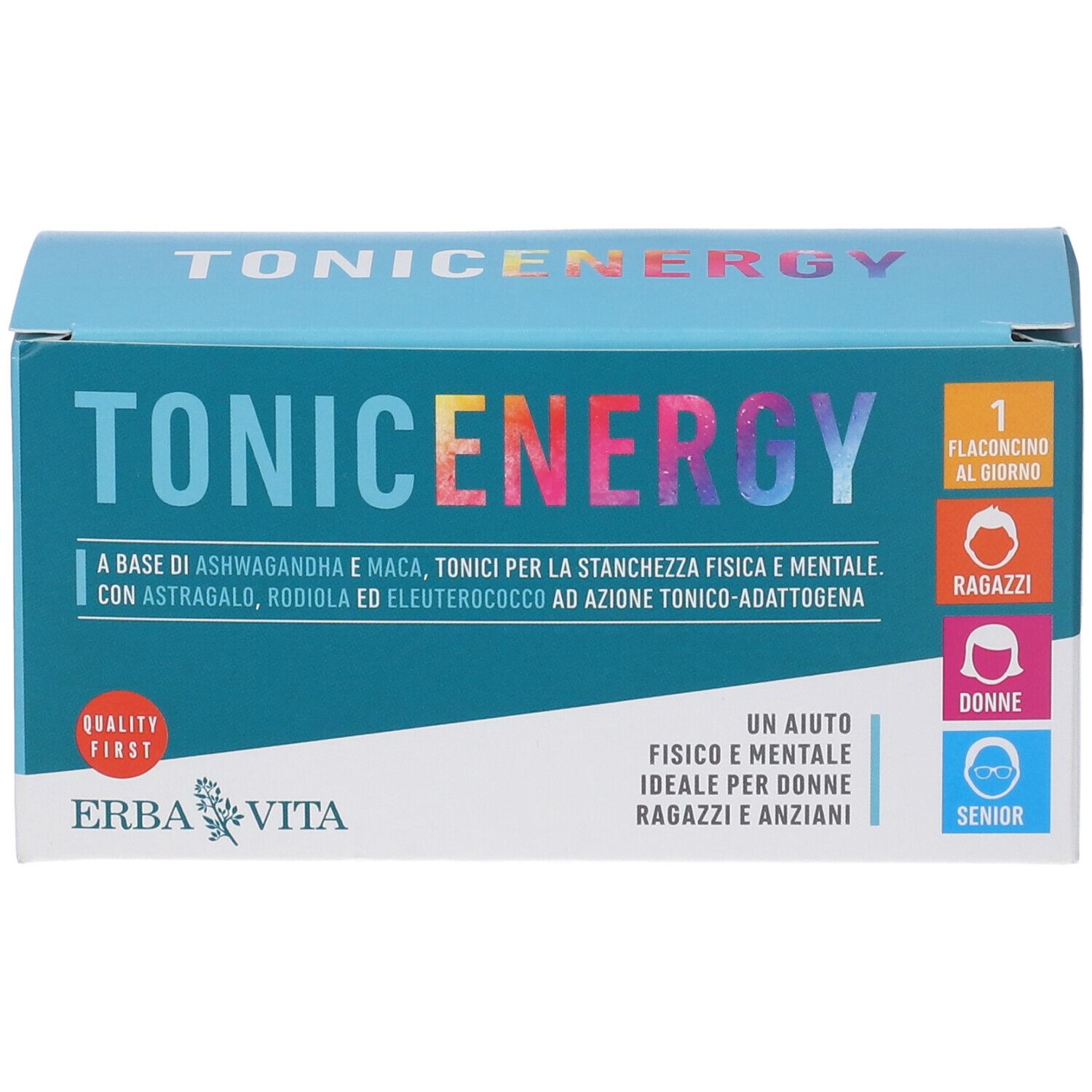 Scatola Erba Vita Tonic Energy. 1 flaconcino al giorno. Per donne e anziani. Testo e logo. Colore blu.