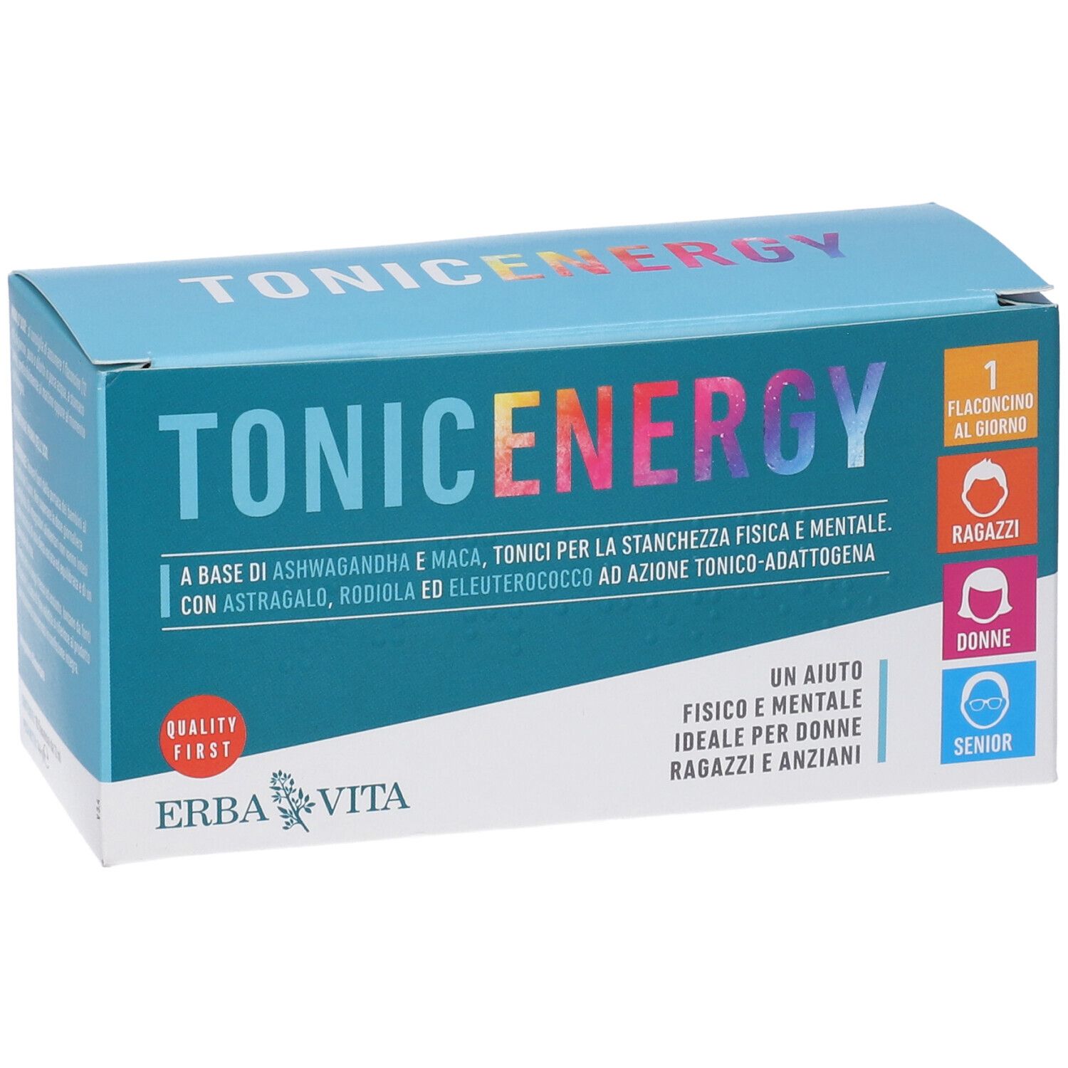 Scatola Erba Vita Tonic Energy. 1 flaconcino al giorno. Per donne e anziani. Testo e logo. Colore blu.