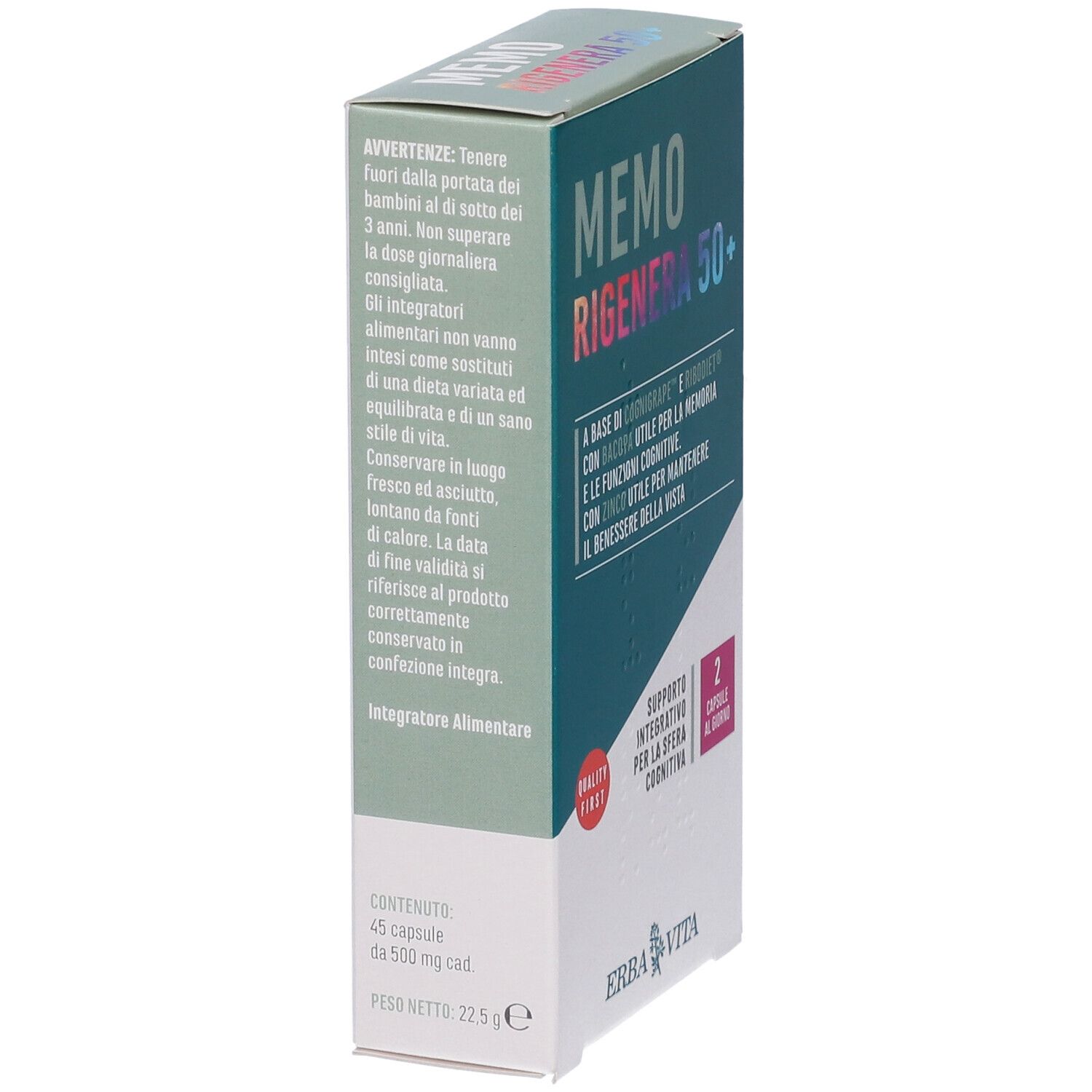 Vista laterale della scatola MEMO RIGENERA 50+. Testo in italiano. Contiene 45 capsule. Peso: 22,5 g. Marchio: Erba Vita.
