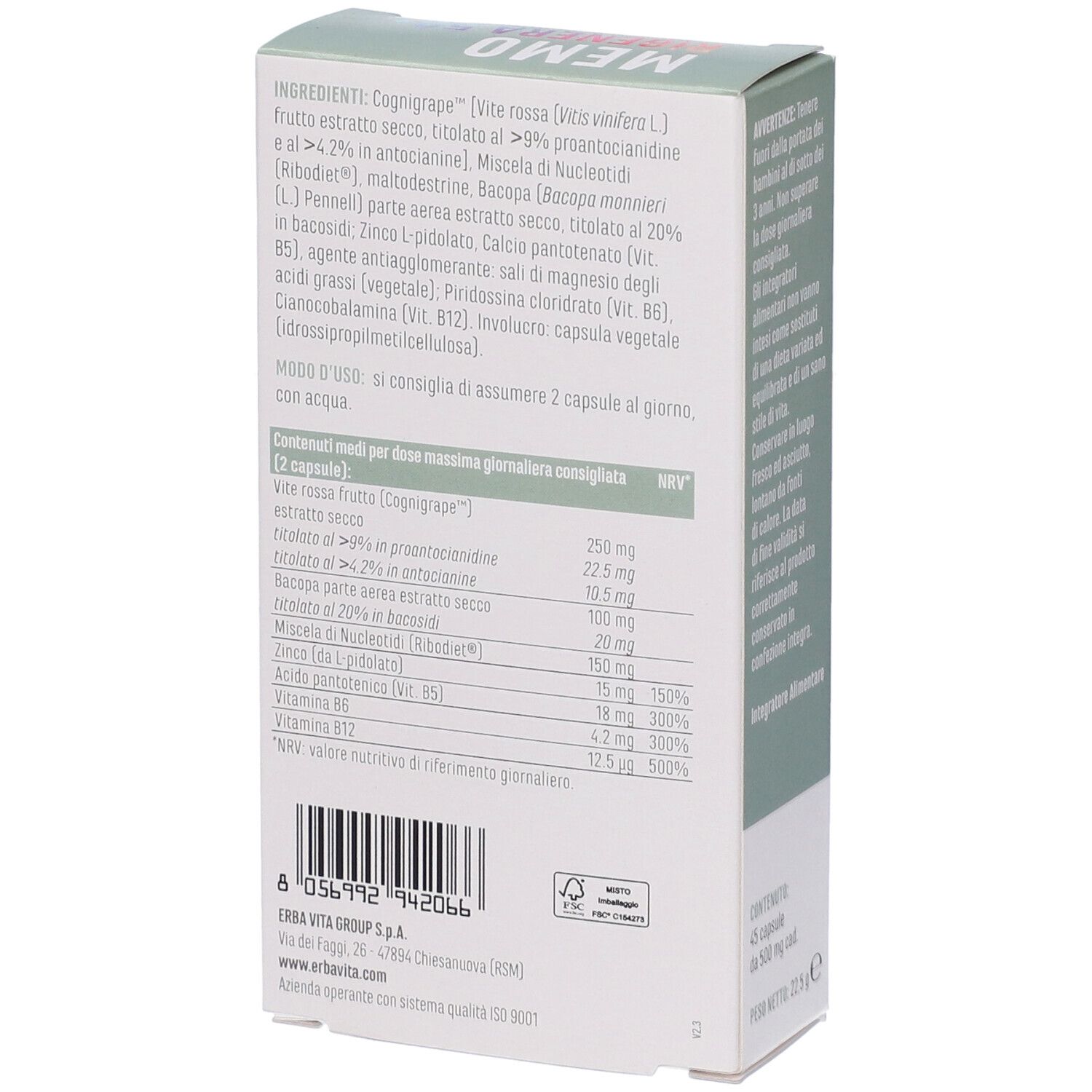 Retro della scatola MEMO RIGENERA 50+. Elenco ingredienti e informazioni nutrizionali. Marchio: Erba Vita. Codice a barre.