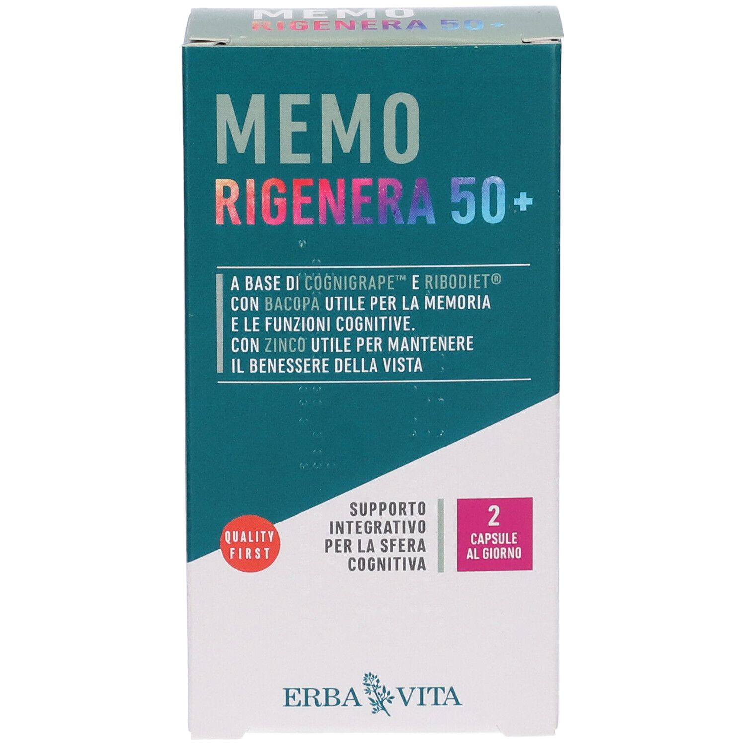 Vista frontale della scatola MEMO RIGENERA 50+. Design verde e bianco. Contiene 45 capsule. Marchio: Erba Vita.