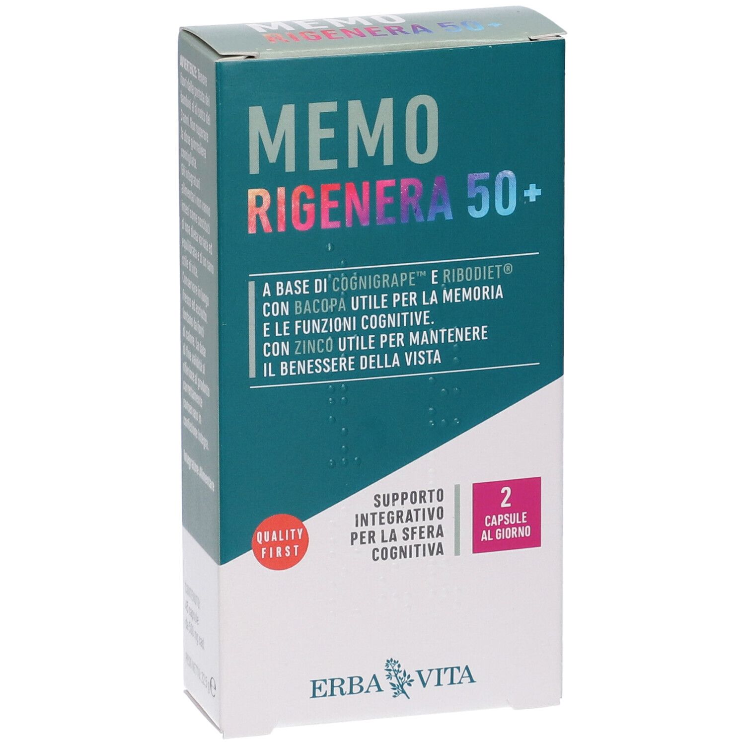 Vista frontale della scatola MEMO RIGENERA 50+. Design verde e bianco. Contiene 45 capsule. Marchio: Erba Vita.