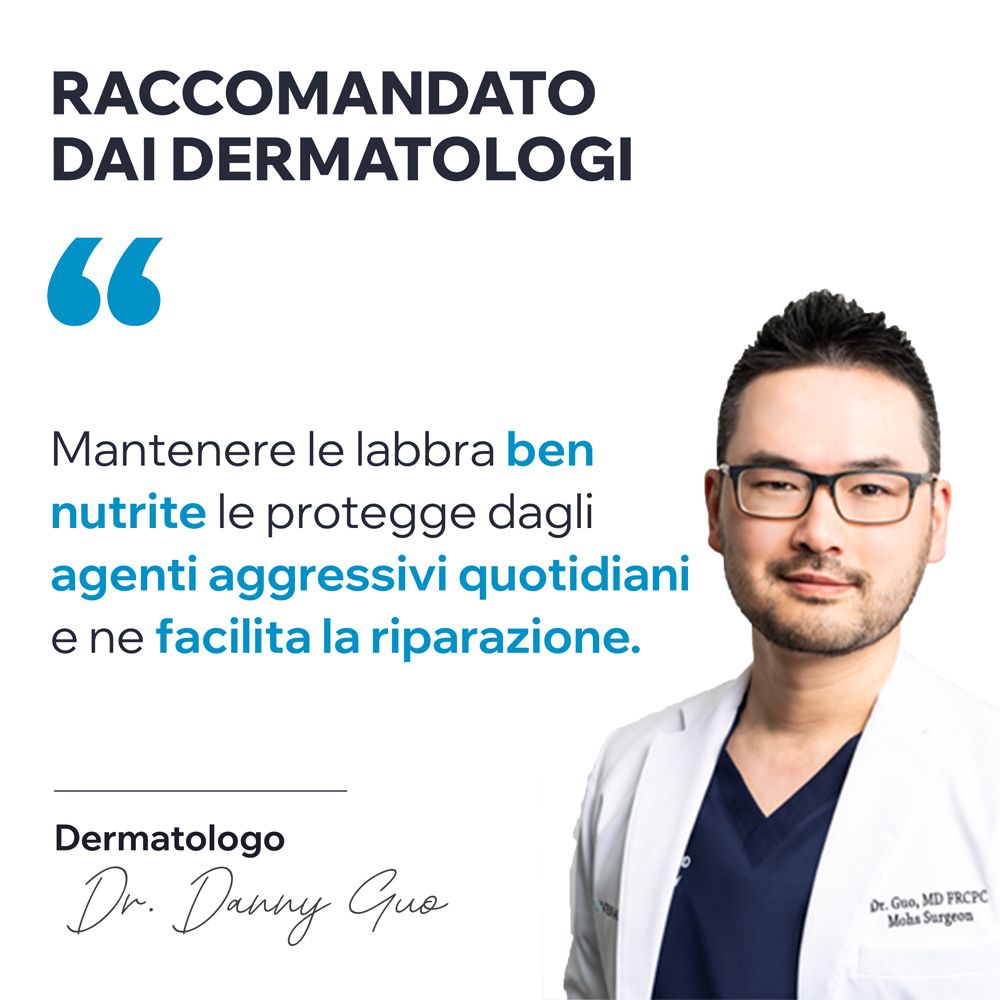 Ritratto di un dermatologo. Testo: Raccomandato dai dermatologi. Citazione: Mantenere le labbra ben nutrite e proteggerle dalle aggressioni quotidiane.