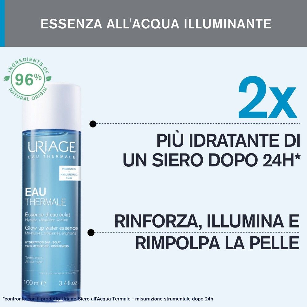 Prodotto con flacone e testo. Testo: Essenza all'acqua illuminante. 2x più idratante di un siero dopo 24h.