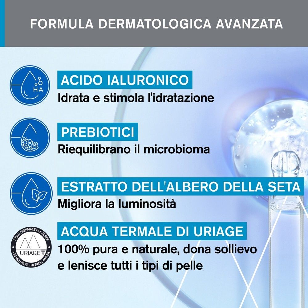 Grafico con ingredienti. Testo: Acido ialuronico, prebiotici, estratto dell'albero della seta, acqua termale Uriage.