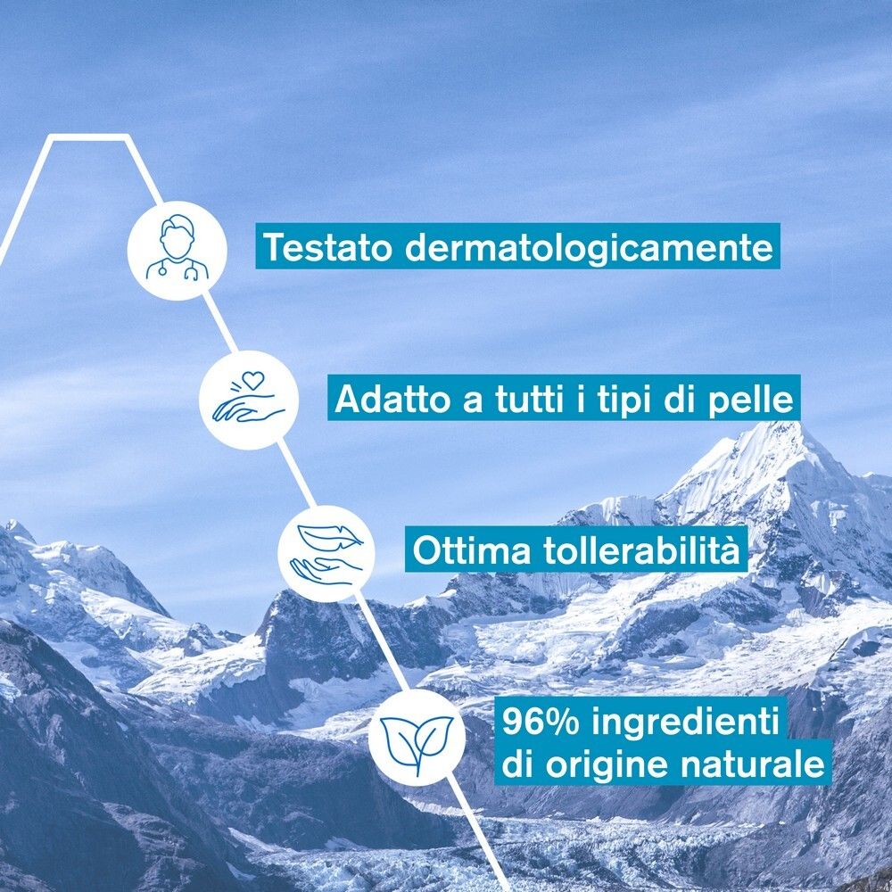 Grafico con testo. Testo: Testato dermatologicamente, adatto a tutti i tipi di pelle, ottima tollerabilità, 96% ingredienti di origine naturale.