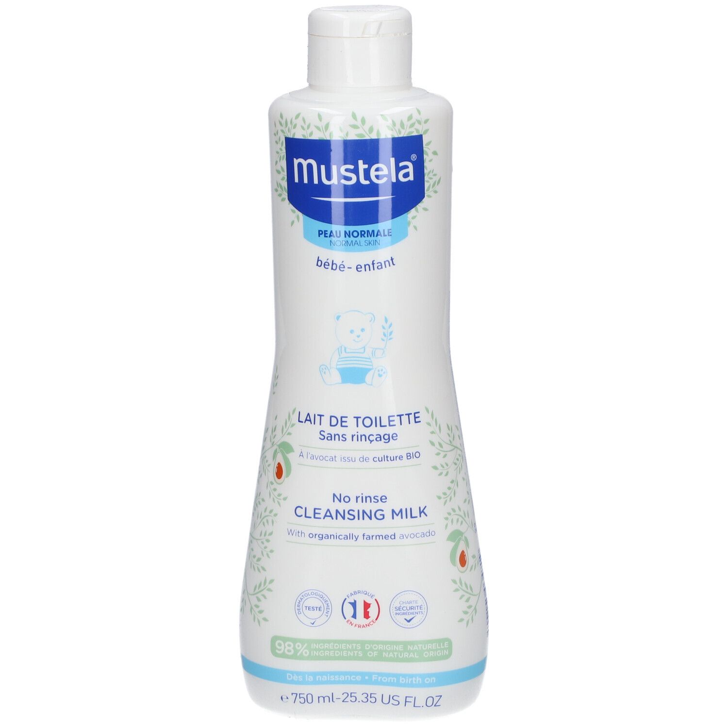 Flacone di Latte di Toilette Mustela® con tappo bianco. Testo: Peau normale bébé-enfant, Sans rinçage, 750 ml.
