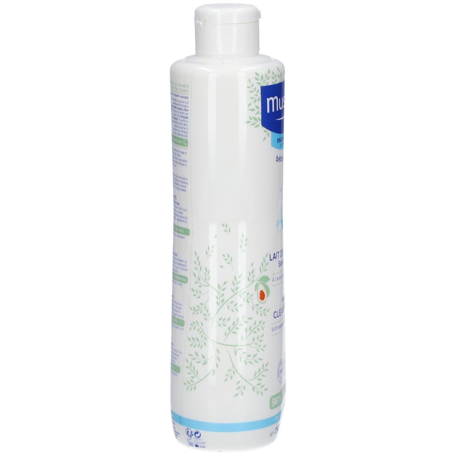 Flacone di Latte di Toilette Mustela® con tappo bianco. Testo: Peau normale bébé-enfant, Sans rinçage, 750 ml.