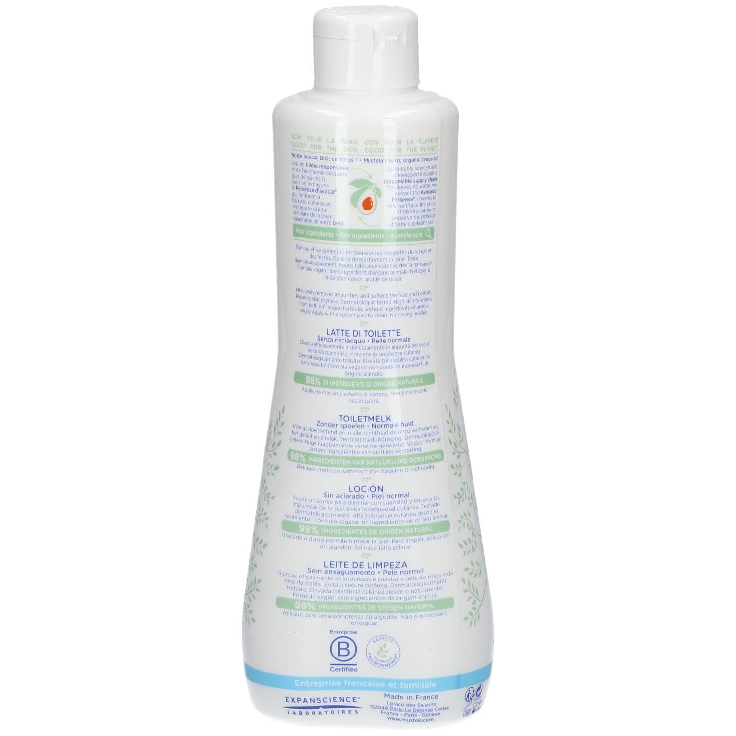 Flacone di Latte di Toilette Mustela® con tappo bianco. Testo: Peau normale bébé-enfant, Sans rinçage, 750 ml.