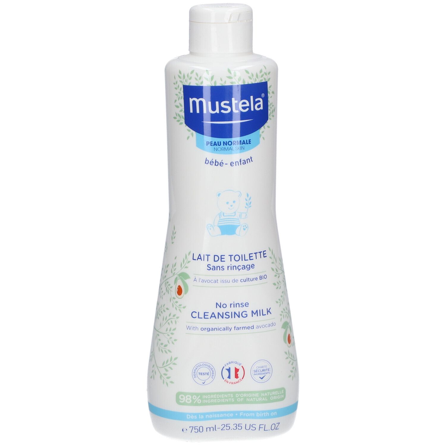 Flacone di Latte di Toilette Mustela® con tappo bianco. Testo: Peau normale bébé-enfant, Sans rinçage, 750 ml.