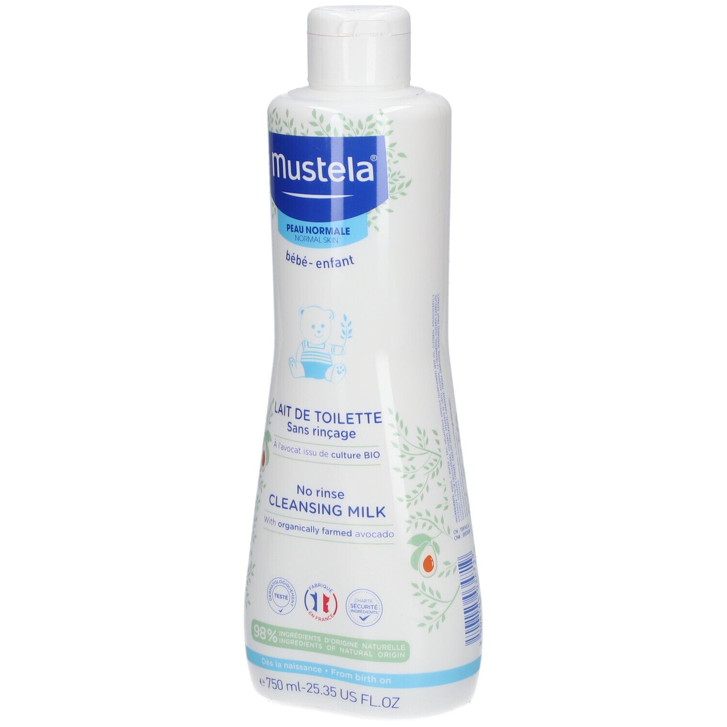 Flacone di Latte di Toilette Mustela® con tappo bianco. Testo: Peau normale bébé-enfant, Sans rinçage, 750 ml.