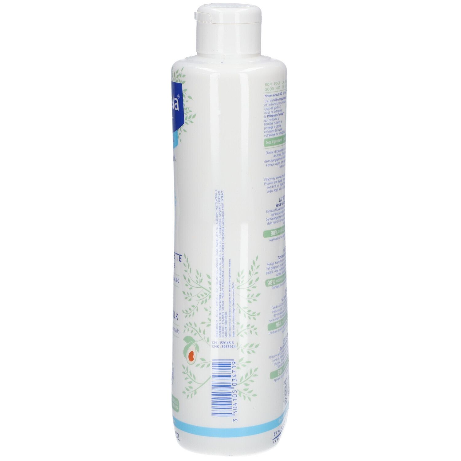 Flacone di Latte di Toilette Mustela® con tappo bianco. Testo: Peau normale bébé-enfant, Sans rinçage, 750 ml.
