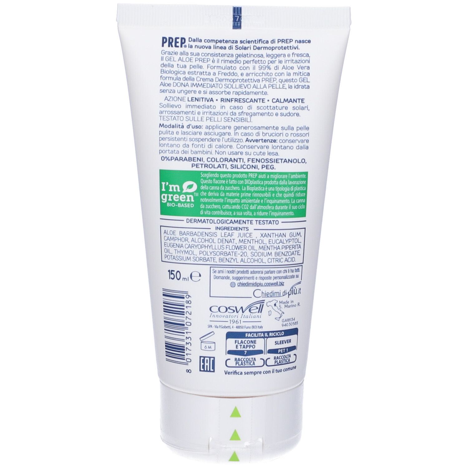 Prep Dermoprotettivo 99% Gel Aloe Vera Bio Trattamento Lenitivo Doposole Irritazioni Cutanee 150 Ml