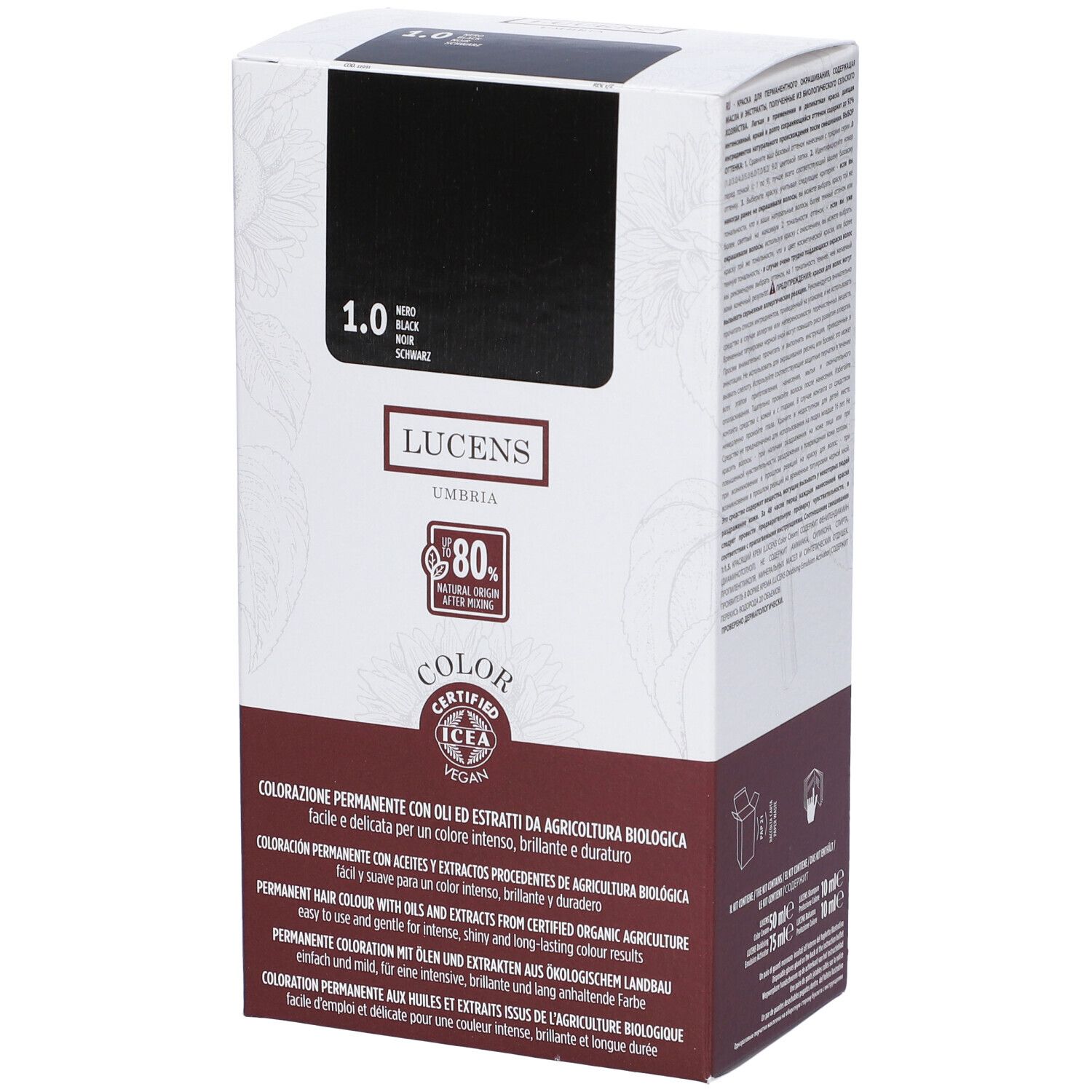 Confezione con riquadro nero e scritta 1.0 Nero. Marchio Lucens Umbria Color. Certificazione ICEA.