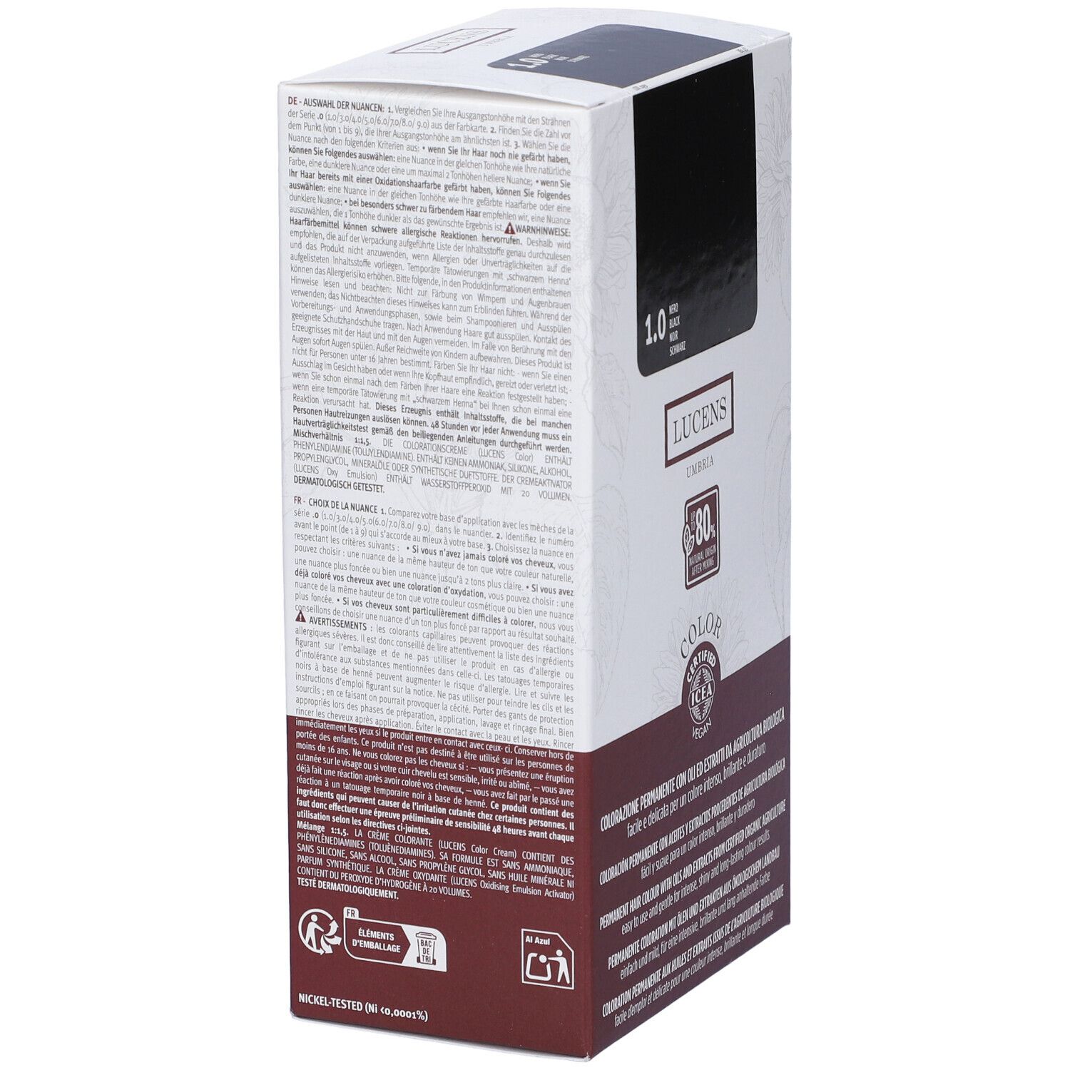 Confezione con testo e scritta 1.0 Nero. Marchio Lucens Umbria Color. Certificazione ICEA. Retro con testo.