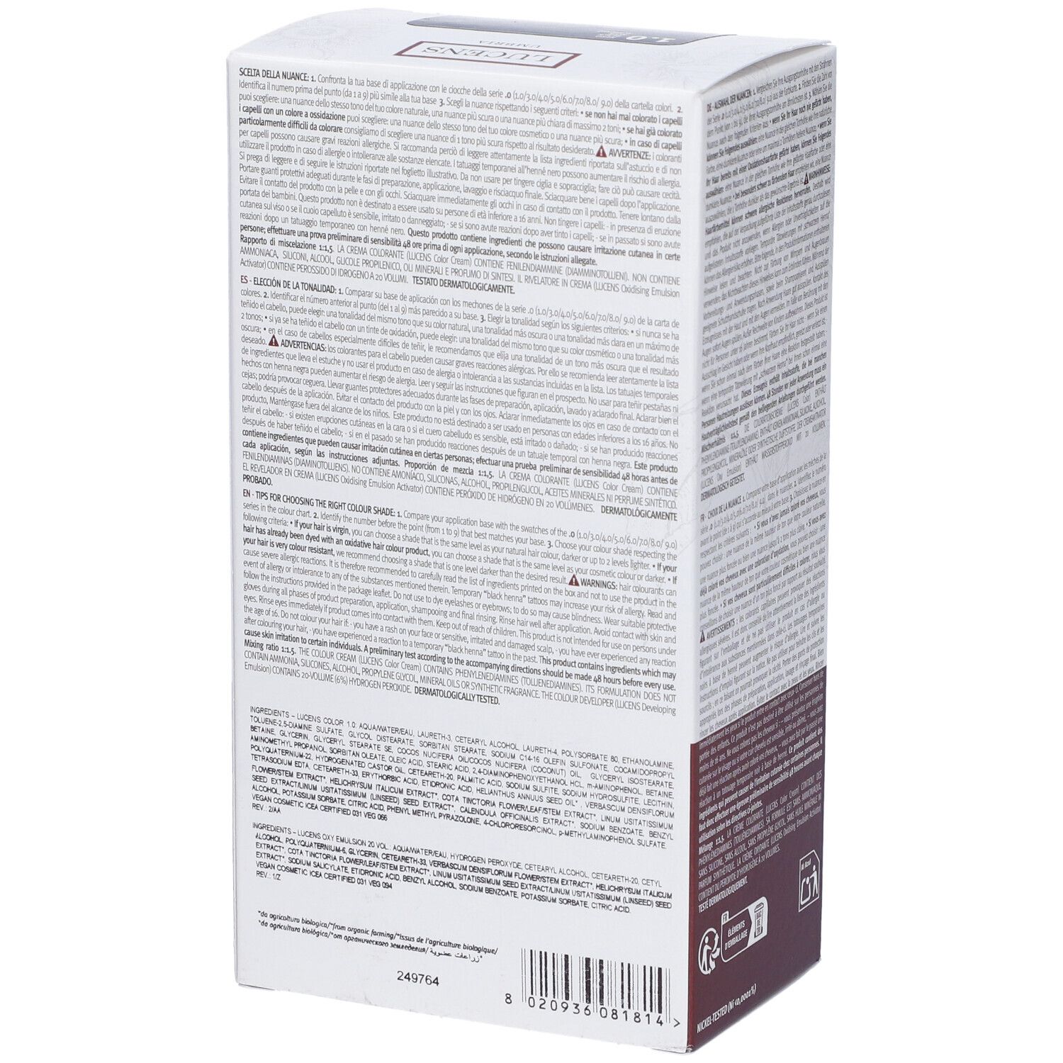 Retro della confezione con testo. Marchio Lucens Umbria Color. Certificazione ICEA. Testo multilingue.