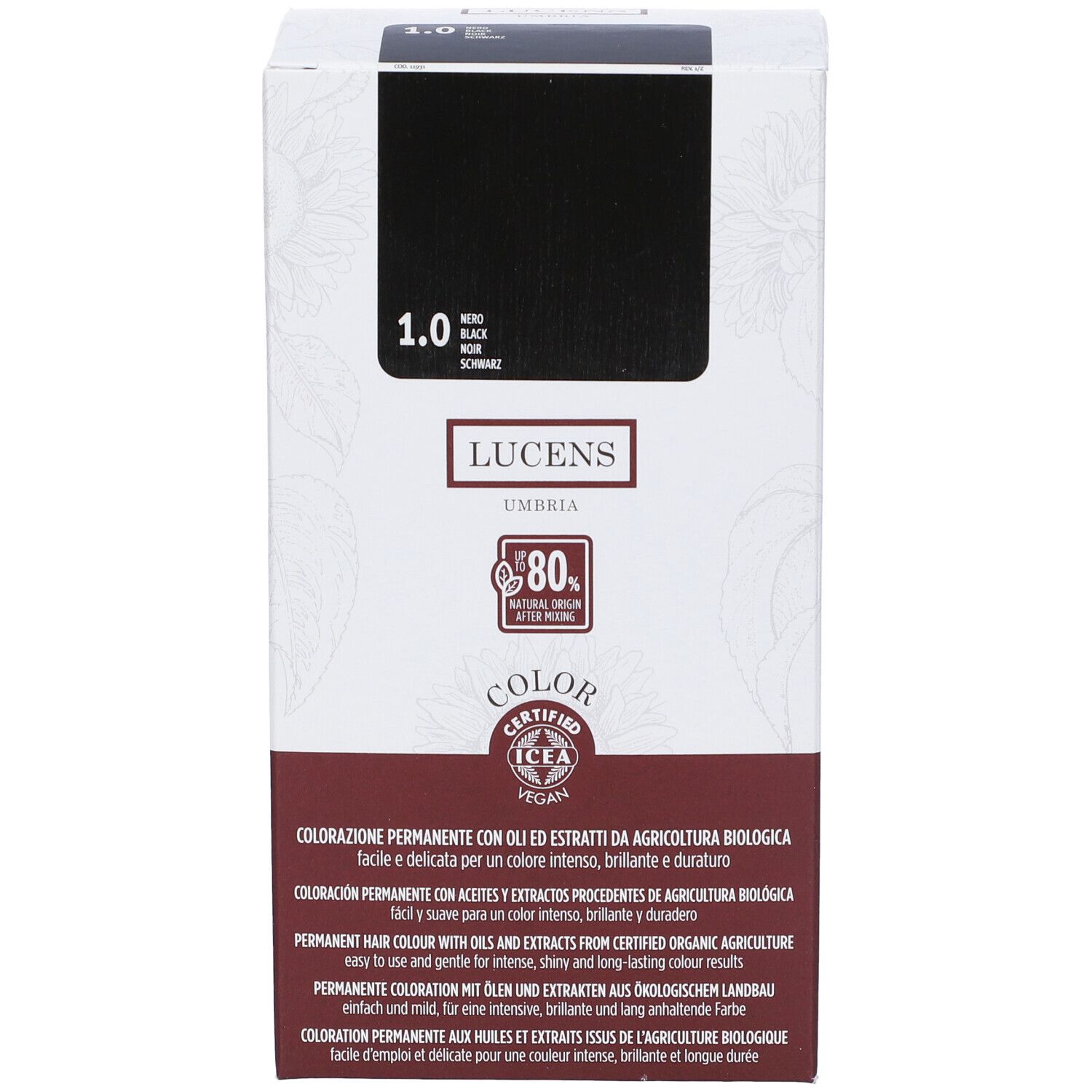 Confezione con riquadro nero e scritta 1.0 Nero. Marchio Lucens Umbria Color. Certificazione ICEA.