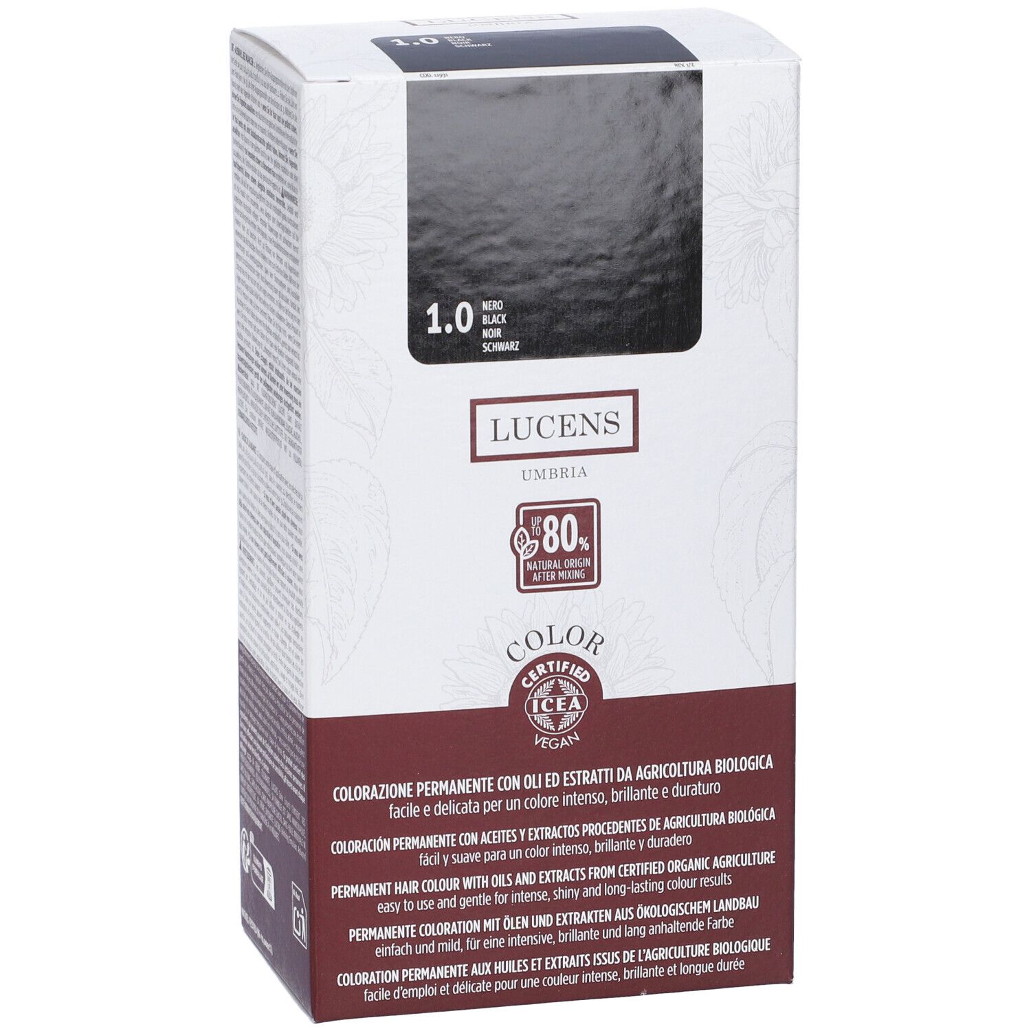 Confezione con riquadro nero e scritta 1.0 Nero. Marchio Lucens Umbria Color. Certificazione ICEA.