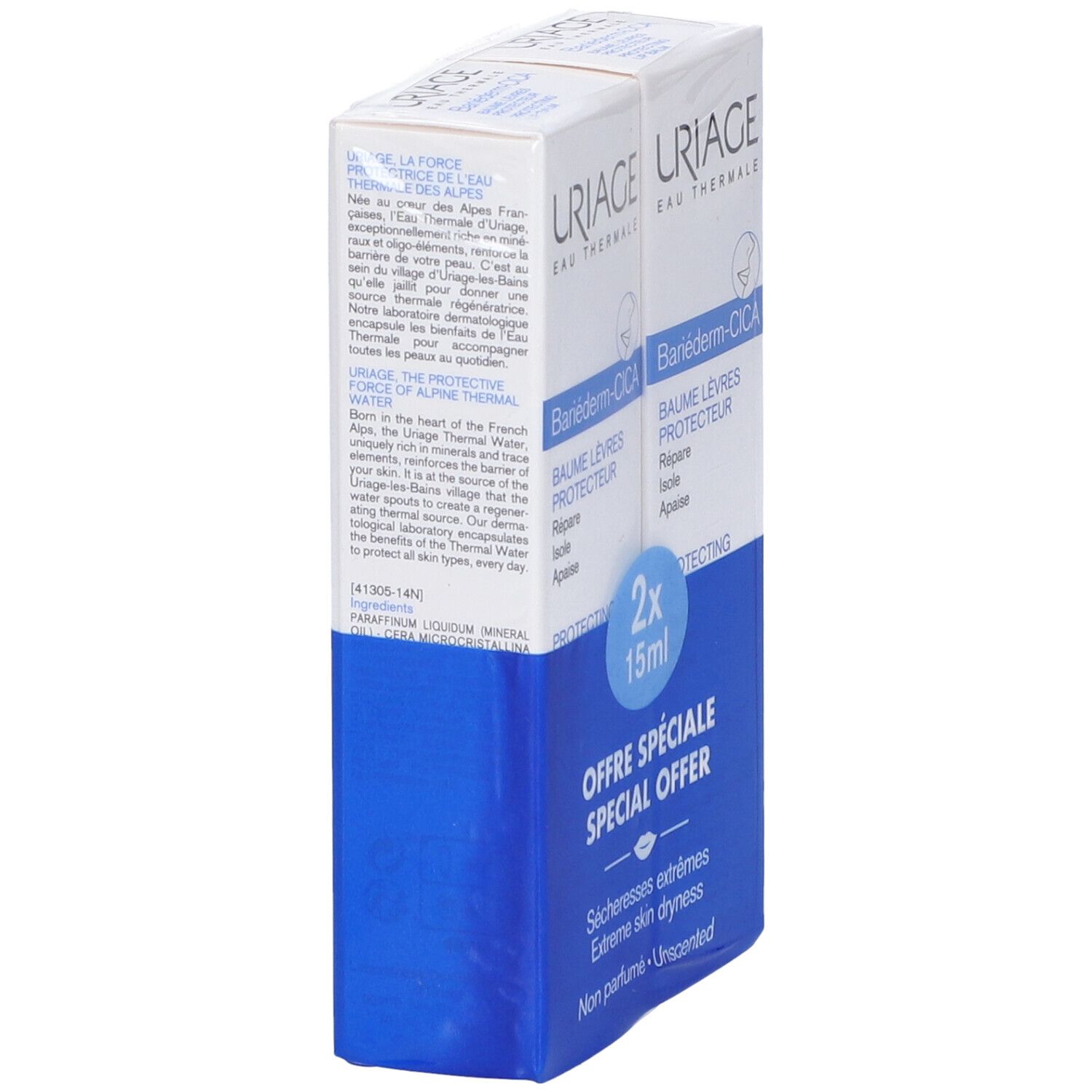 Uriage Bariéderm-CICA Balsamo Labbra Protettivo, set da 2. Confezione angolata. Colori bianco e blu. Contiene 2x15ml.