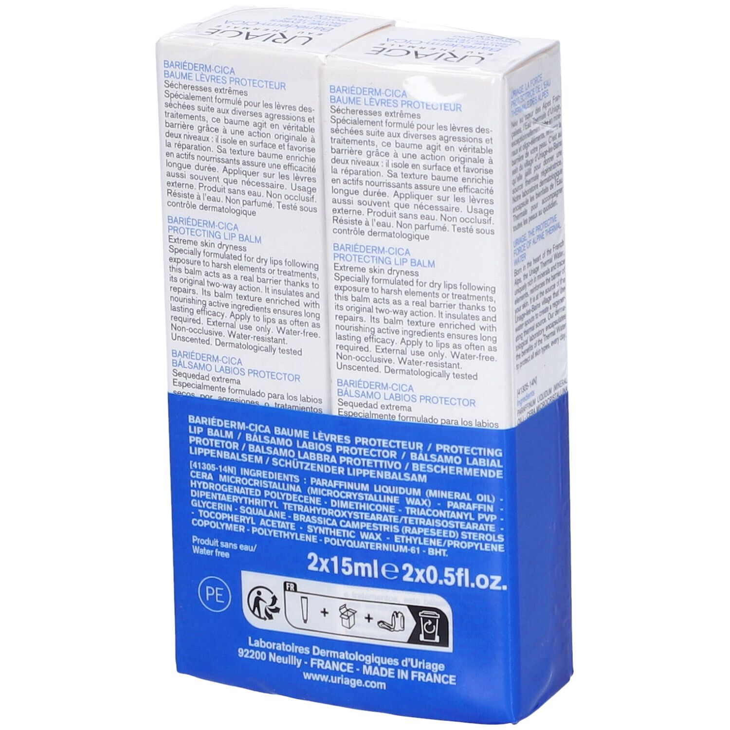 Retro della confezione Uriage Bariéderm-CICA Balsamo Labbra. Testo multilingue. Contiene 2x15ml.