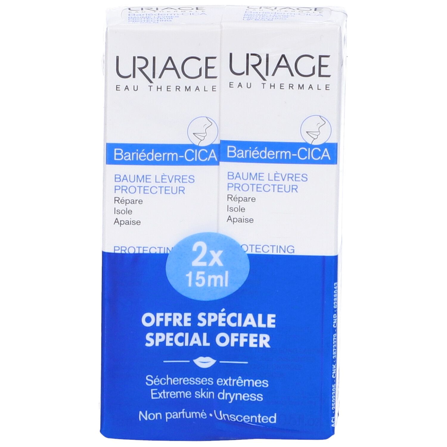 Uriage Bariéderm-CICA Balsamo Labbra Protettivo, set da 2. Confezione bianca e blu. Contiene 2x15ml.
