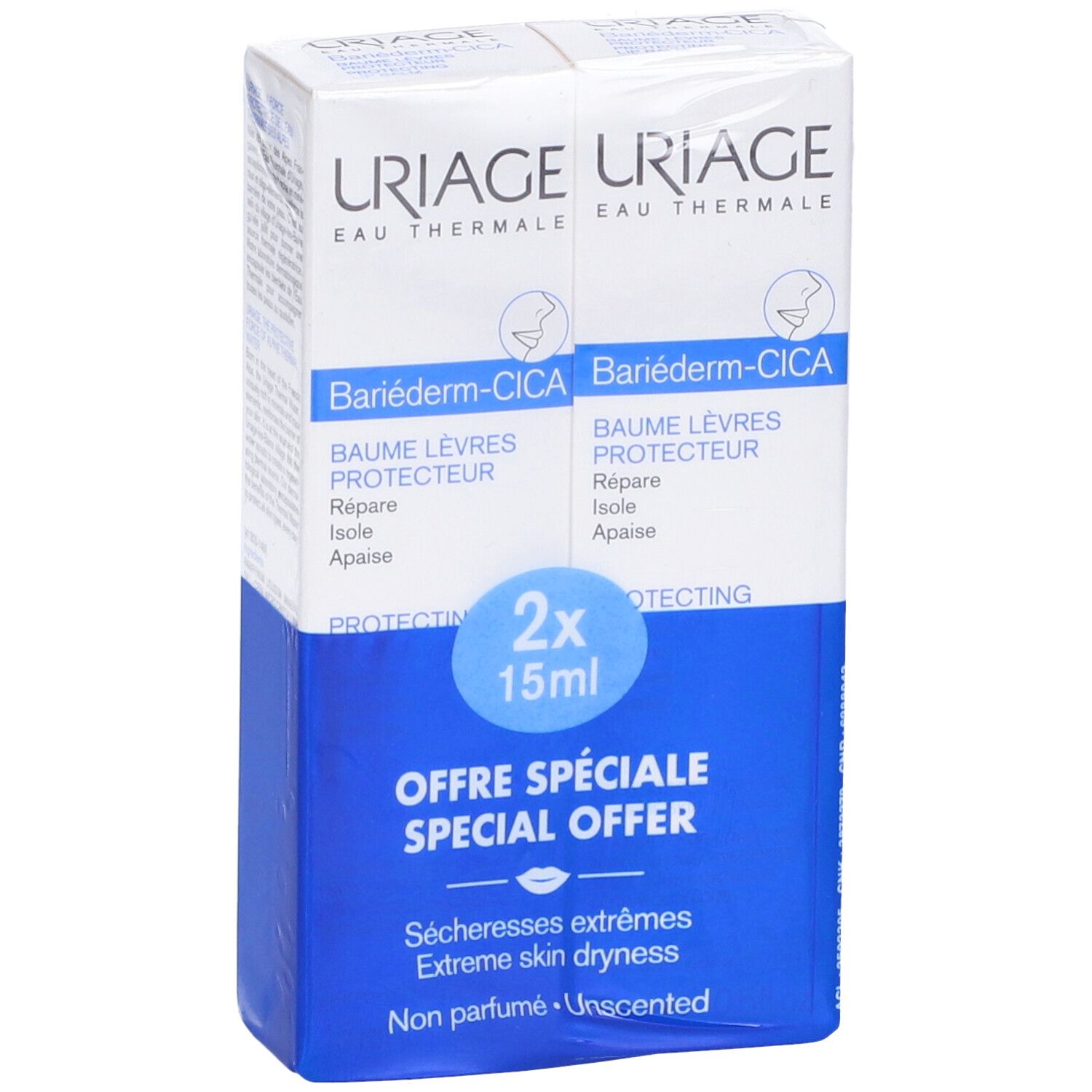 Uriage Bariéderm-CICA Balsamo Labbra Protettivo, set da 2. Confezione bianca e blu. Contiene 2x15ml.