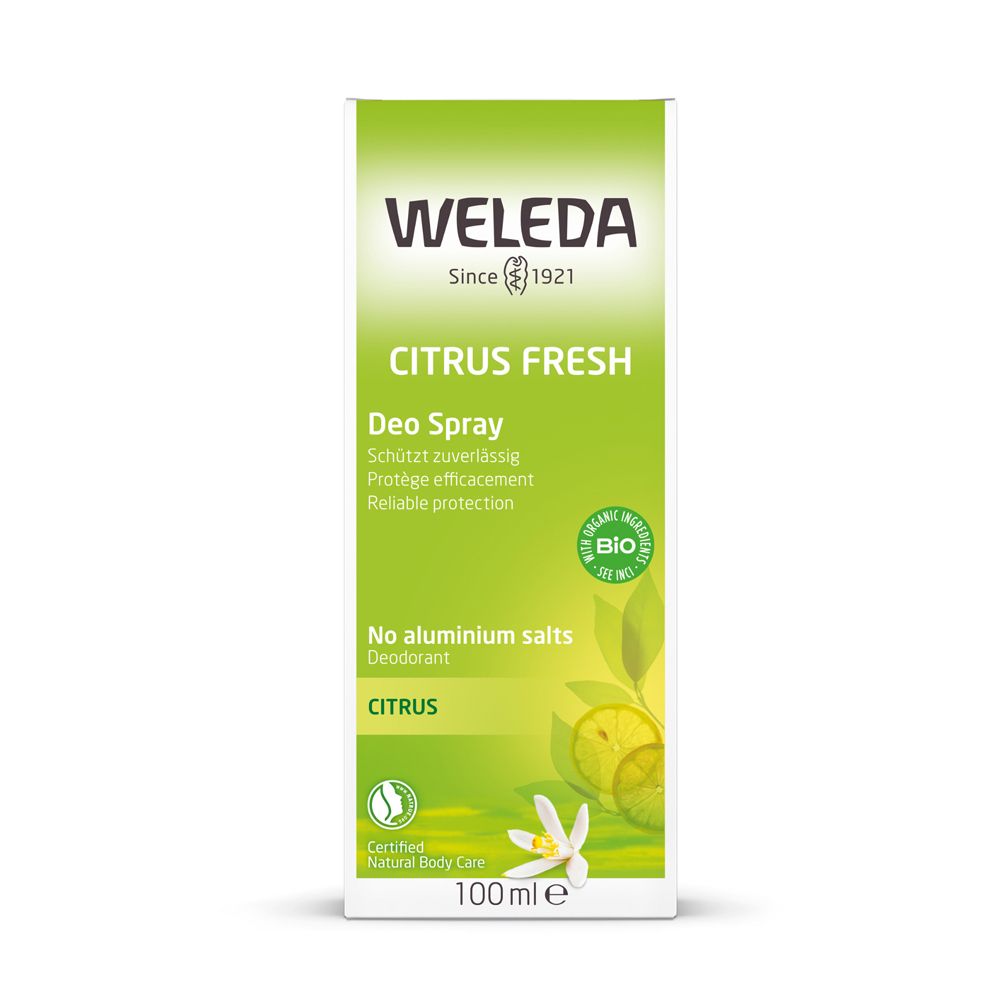 Confezione bianca con informazioni prodotto. "WELEDA Citrus Fresh Deo Spray". Certificazione bio e logo. 100 ml.