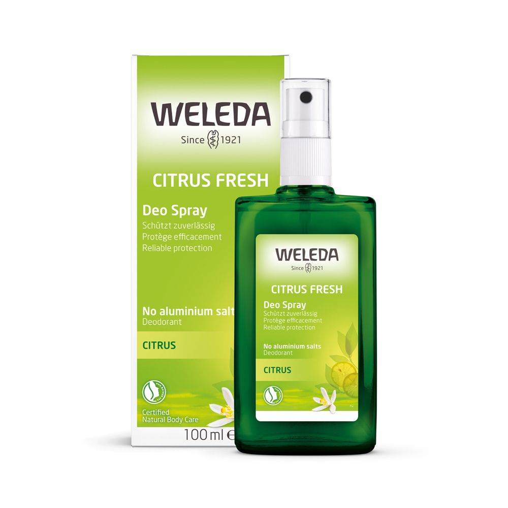 Flacone spray verde e confezione. "WELEDA Citrus Fresh Deo Spray". Confezione con informazioni e logo. 100 ml.