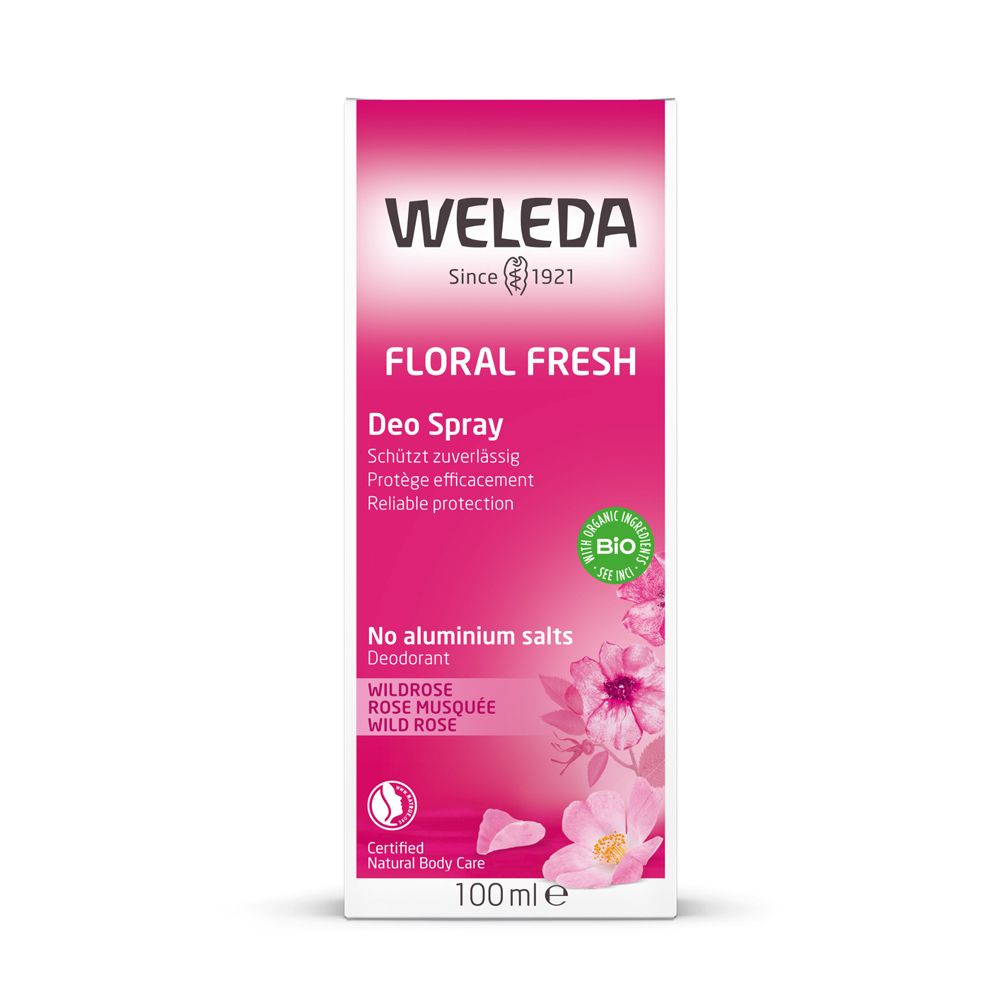 Confezione rettangolare con "WELEDA" e "Floral Fresh". Contiene informazioni e un sigillo bio. Fiori rosa.