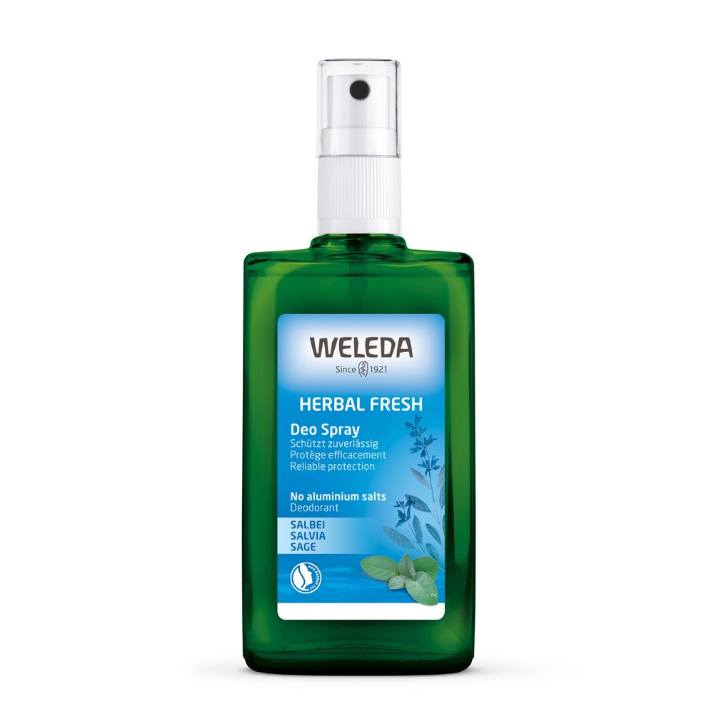 Flacone di vetro verde con vaporizzatore. Etichetta con WELEDA, HERBAL FRESH, Deo Spray, Salvia. Senza sali di alluminio.