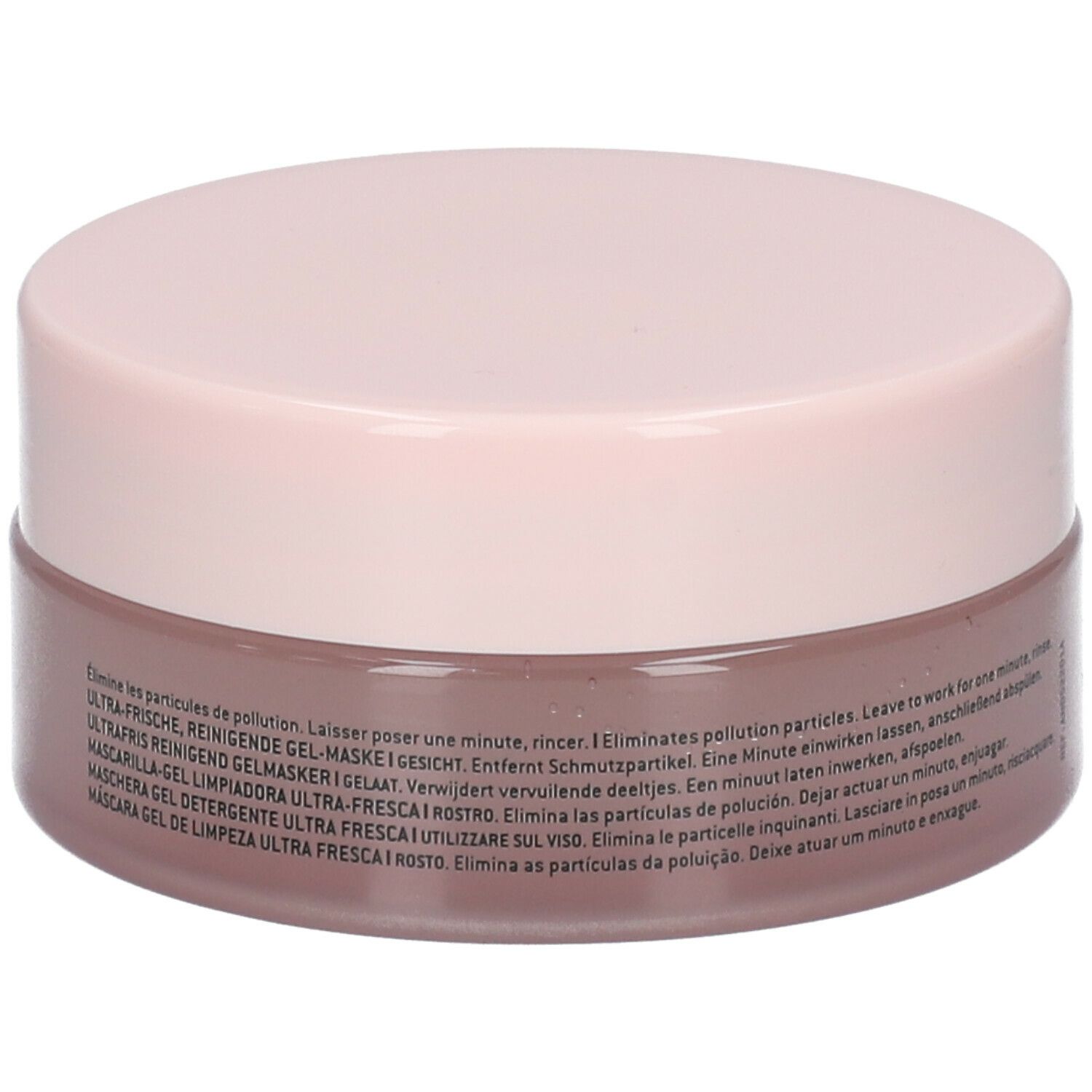 Barattolo rotondo rosa e marrone. Testo multilingue sul retro.