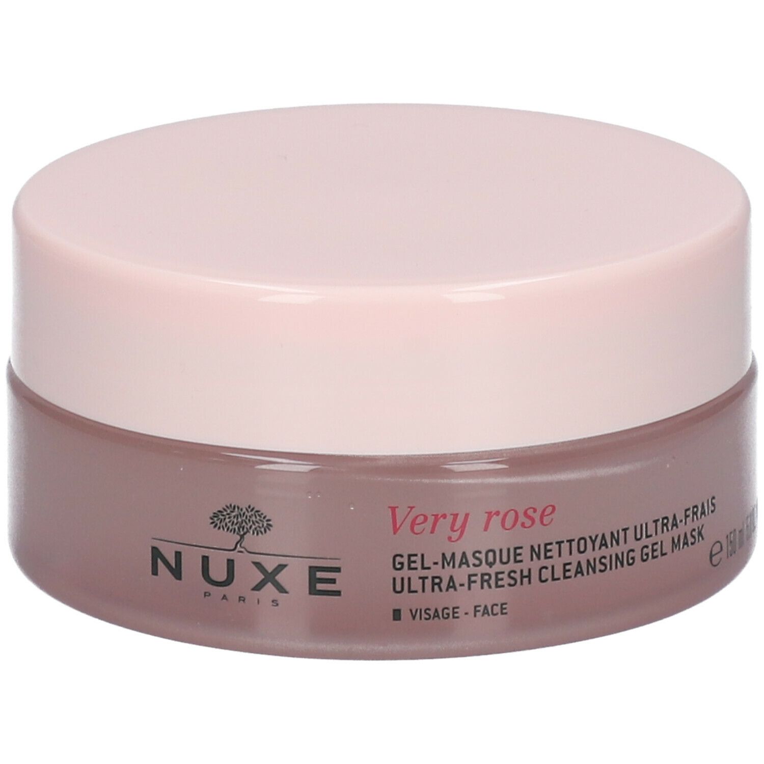Barattolo rotondo rosa e marrone. Scritta: Nuxe Paris, Very Rose, Gel-Masque Nettoyant Ultra-Frais.