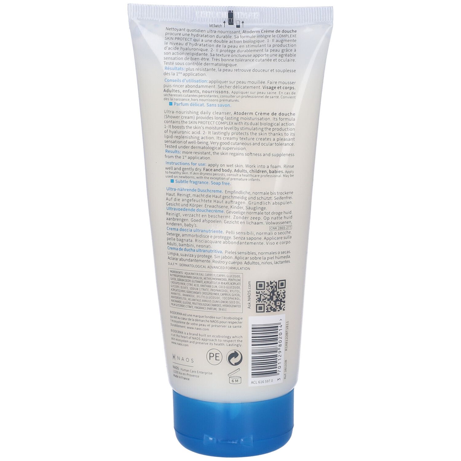 Retro del tubo BIODERMA Atoderm Crème de douche. Testo multilingue. Codice QR e loghi.