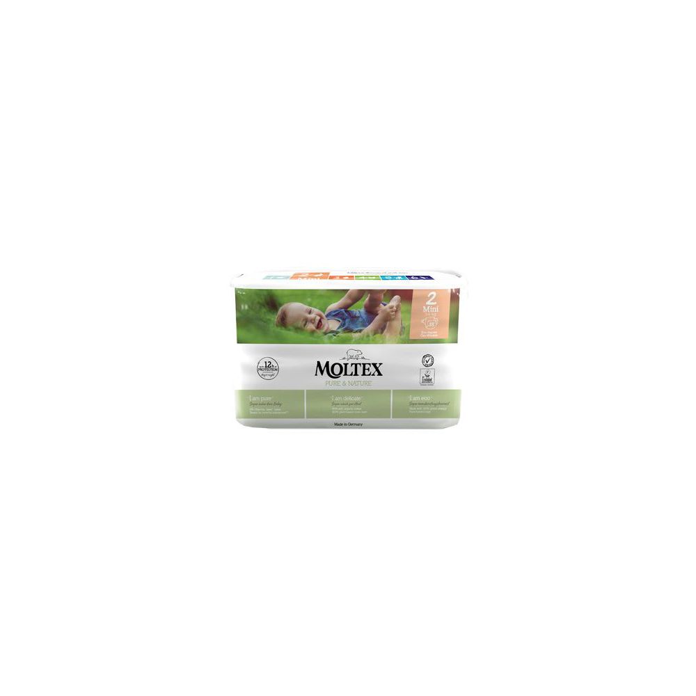 Confezione di pannolini Moltex Pure&Nature. Immagine di bambino sull'erba. Taglia 2, 3-6 kg. Loghi e testo sulla confezione.