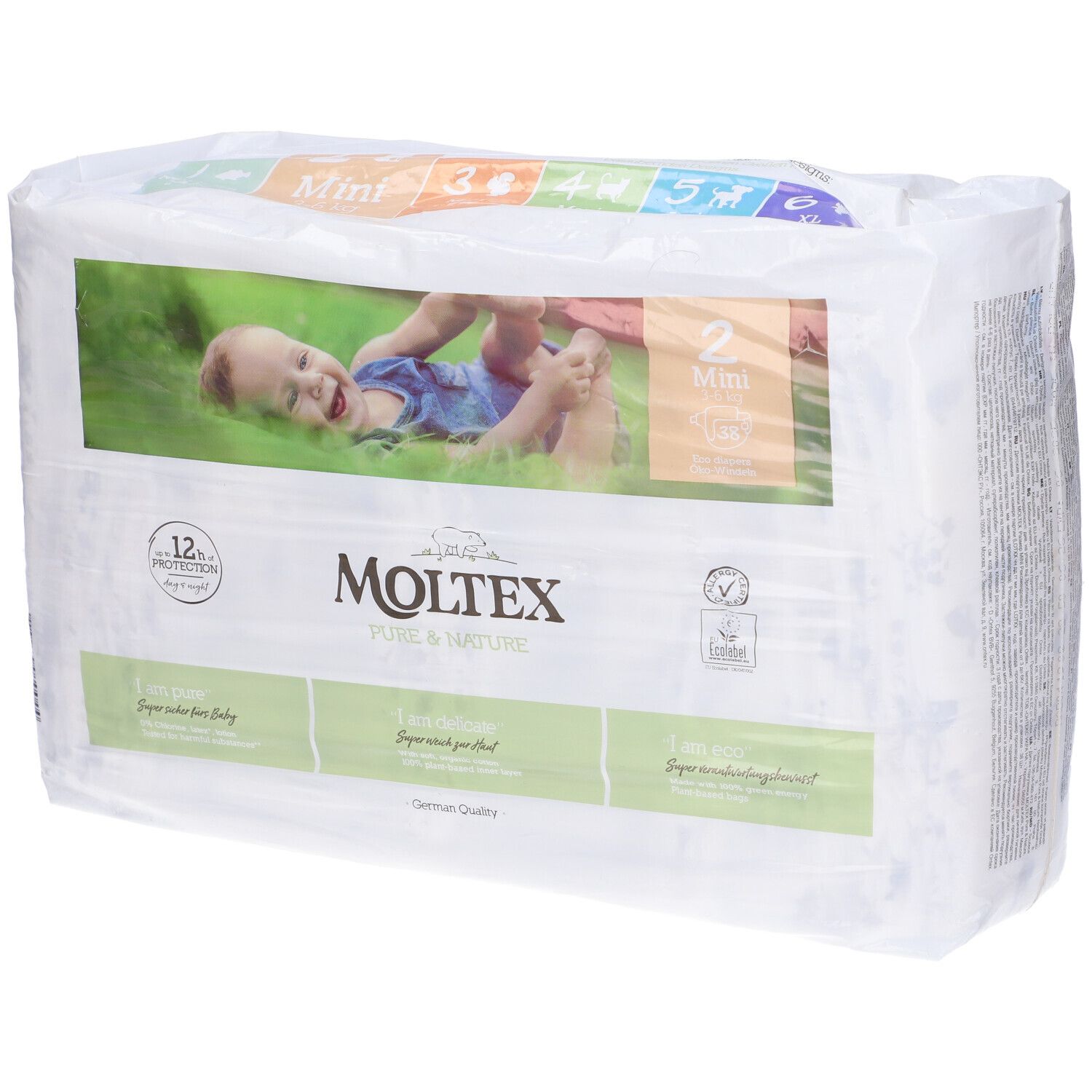 Confezione di pannolini Moltex Pure&Nature. Bambino sull'erba, taglia 2 Mini. Confezione con loghi e testo.