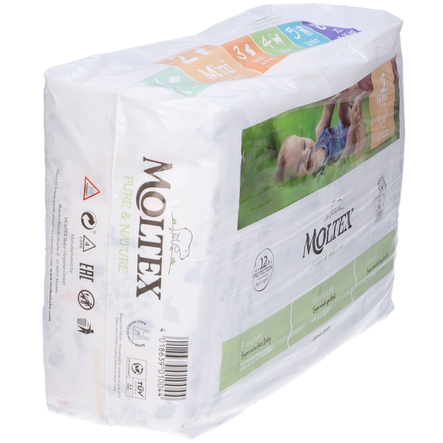 Confezione di pannolini Moltex Pure&Nature. Taglie 3, 4, 5 Mini. Confezione con loghi e testo.