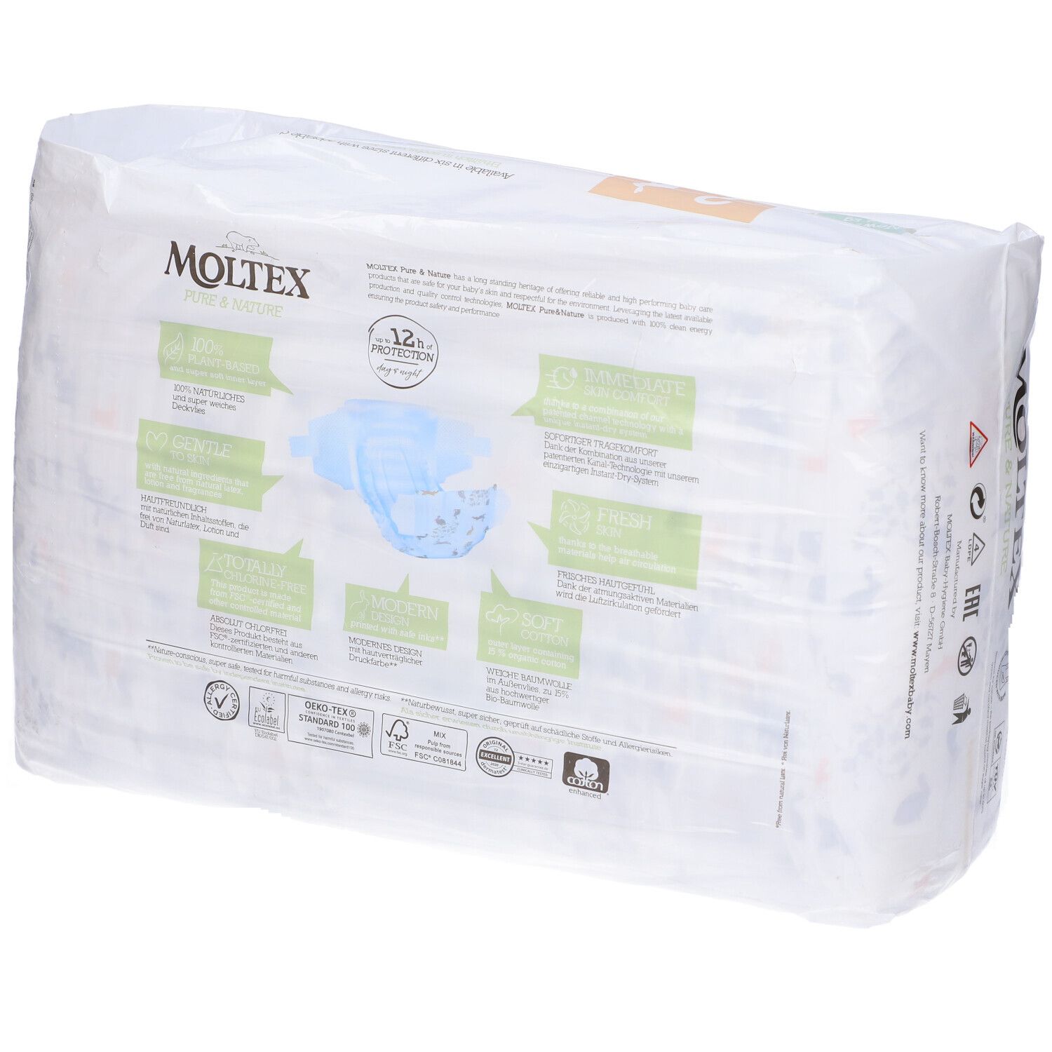 Confezione di pannolini Moltex Pure&Nature. Taglie 3, 4, 5 Mini. Confezione con loghi e testo.