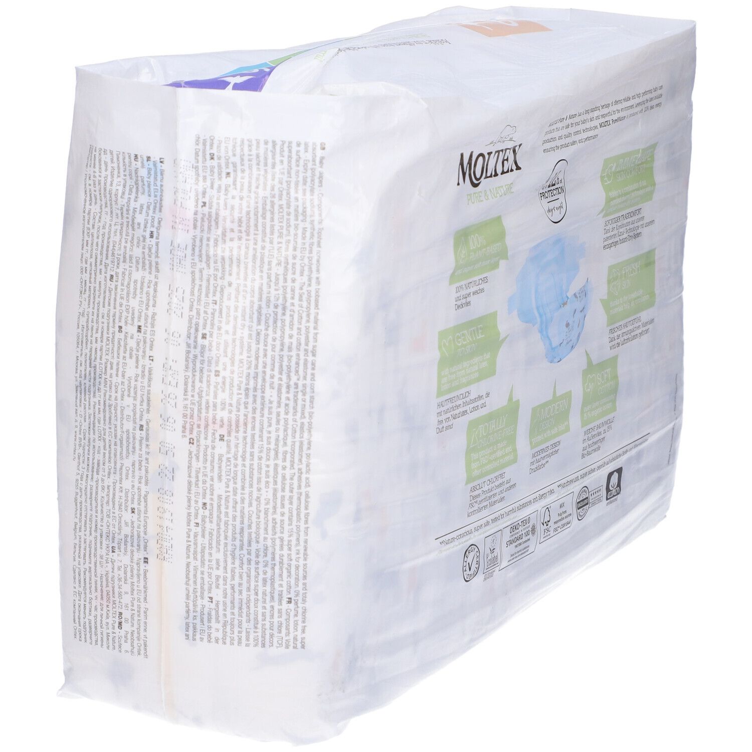 Confezione di pannolini Moltex Pure&Nature. Taglie 3, 4, 5 Mini. Confezione con loghi e testo.