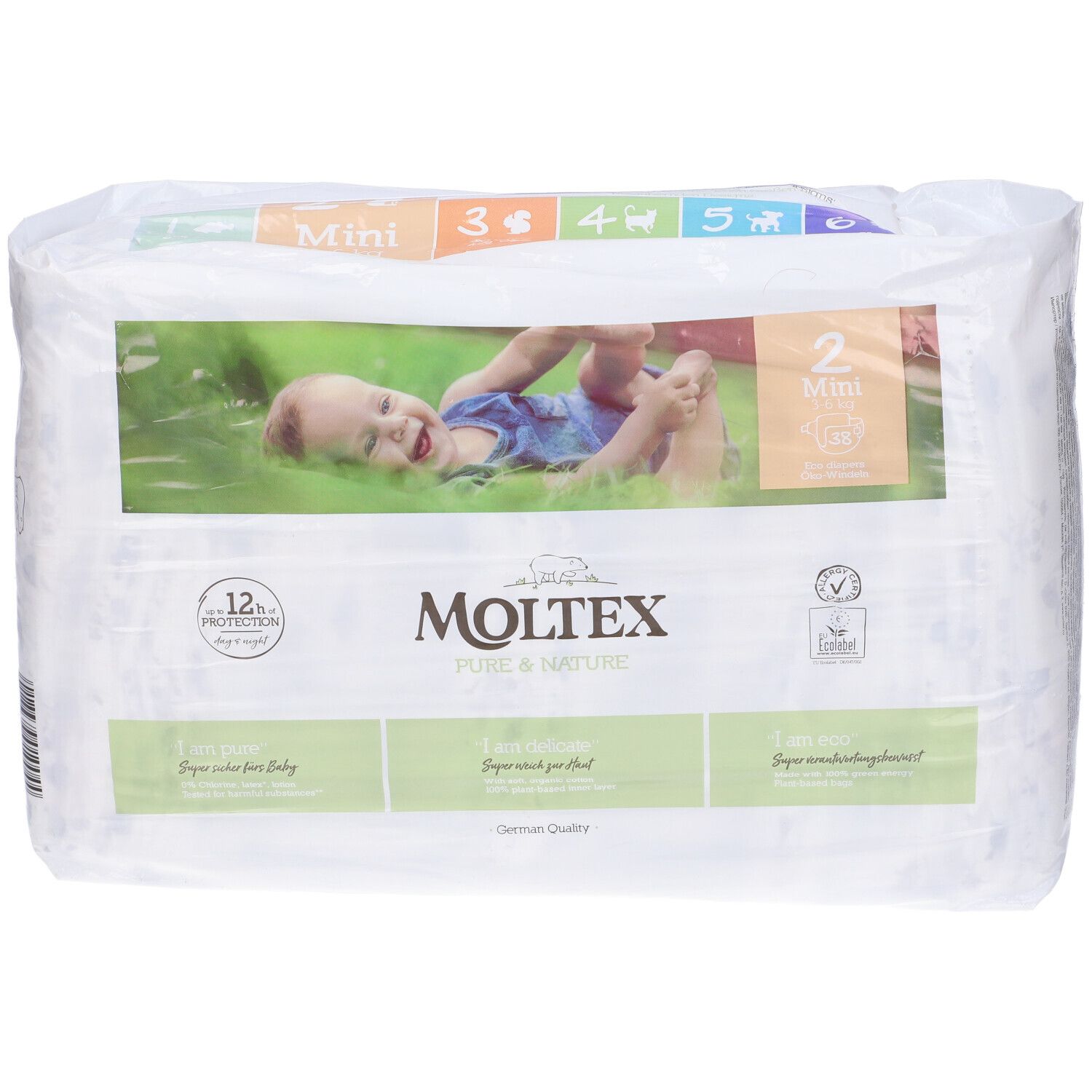 Confezione di pannolini Moltex Pure&Nature. Bambino sull'erba, taglia 2 Mini. Confezione con loghi e testo.