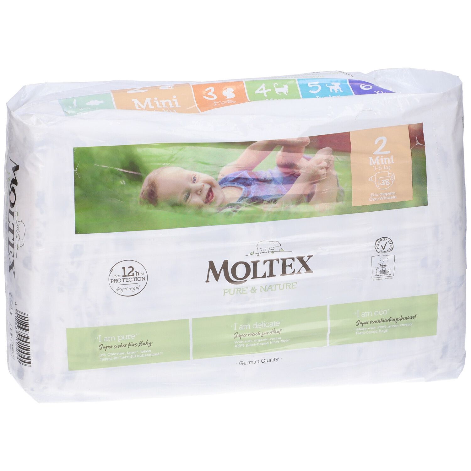 Confezione di pannolini Moltex Pure&Nature. Bambino sull'erba, taglia 2 Mini. Confezione con loghi e testo.