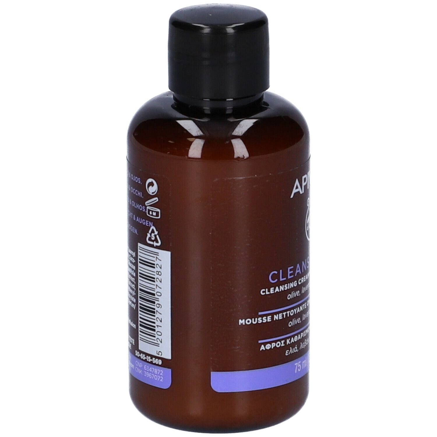 Retro di un flacone marrone con tappo nero. Contiene testo e codice a barre. Marca: APIVITA. Prodotto: Cleansing Foam.