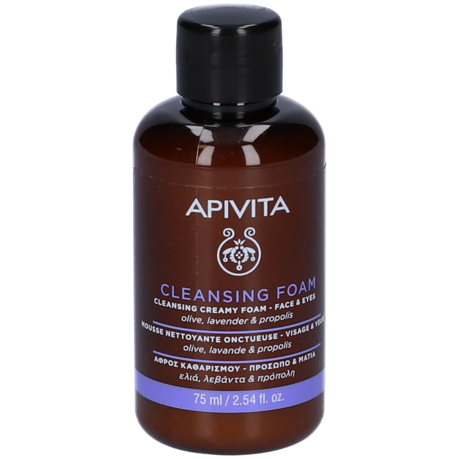 Flacone marrone con tappo nero. Scritta: APIVITA, Cleansing Foam, 75 ml. Contiene estratti di oliva, lavanda e propoli.