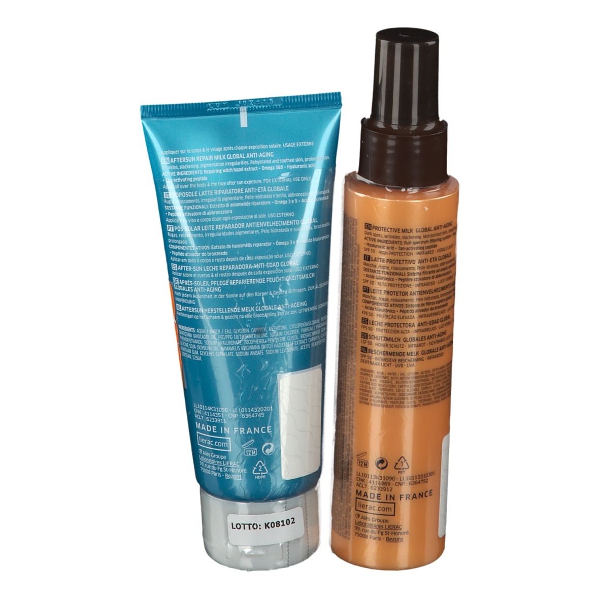 Retro di tubo e flacone spray. Informazioni sul prodotto e logo LIERAC SUNISSIME. Fatto in Francia.