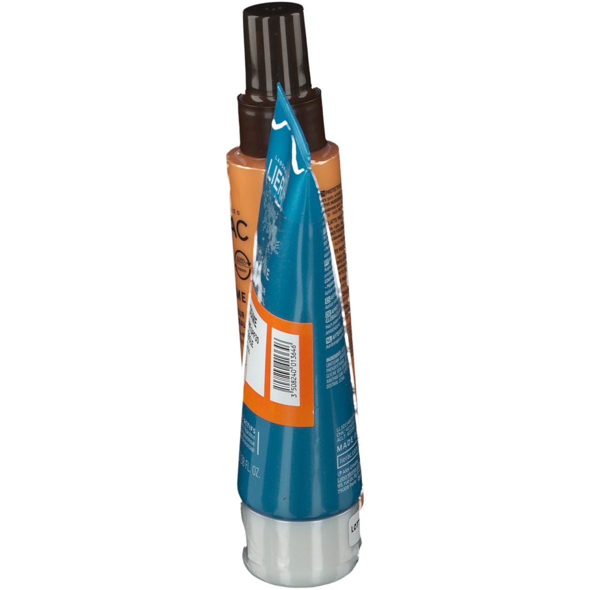 Due prodotti LIERAC SUNISSIME. Tubo blu e flacone spray arancione. Scritte: SUNISSIME, SPF30, Après-soleil. Dettaglio dei prodotti.