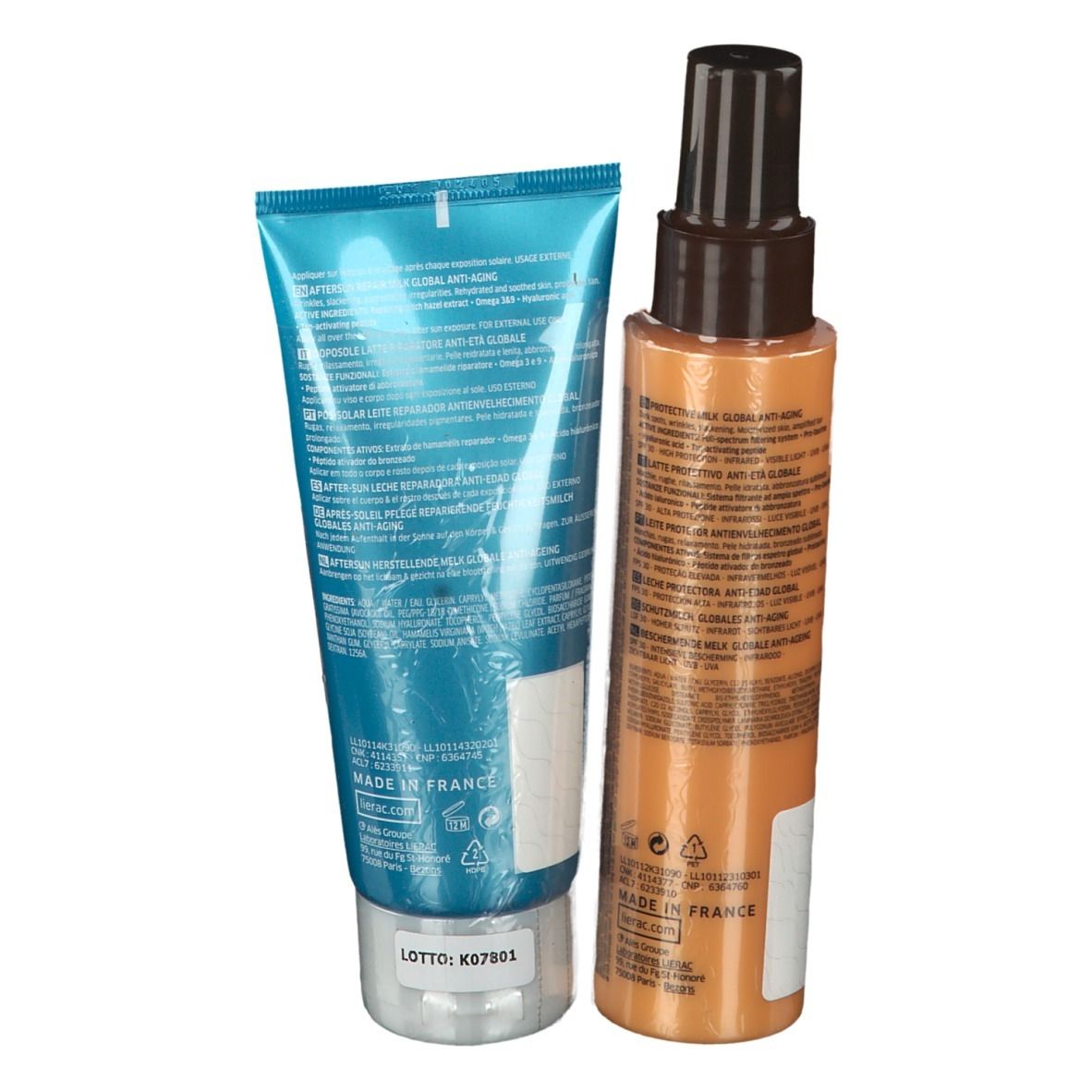 Retro dei prodotti LIERAC SUNISSIME. Tubo blu e flacone spray arancione. Scritte: SUNISSIME, ingredienti, informazioni produttore.